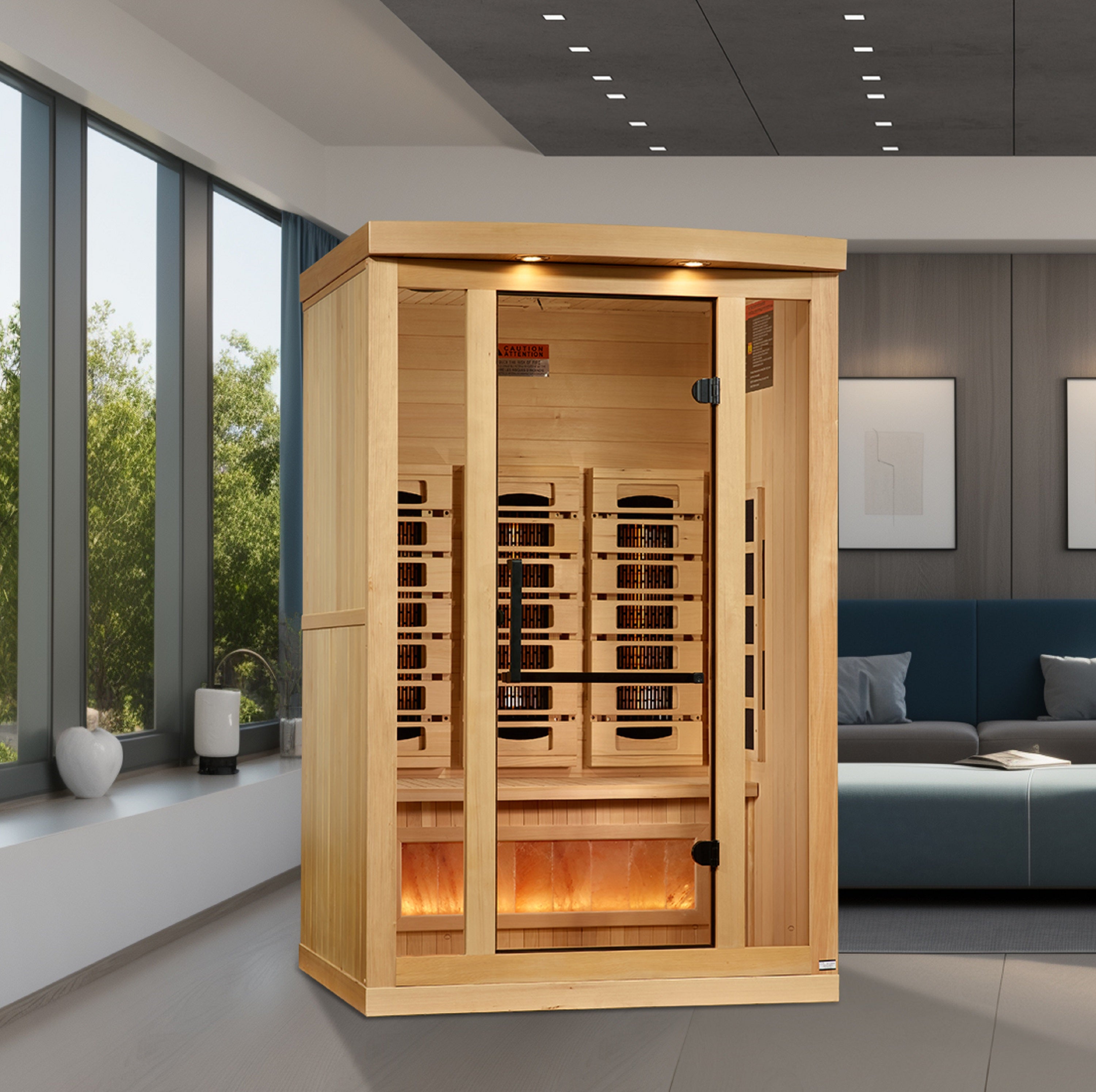 Wooden sauna in a modern living room with large windows and a couch.