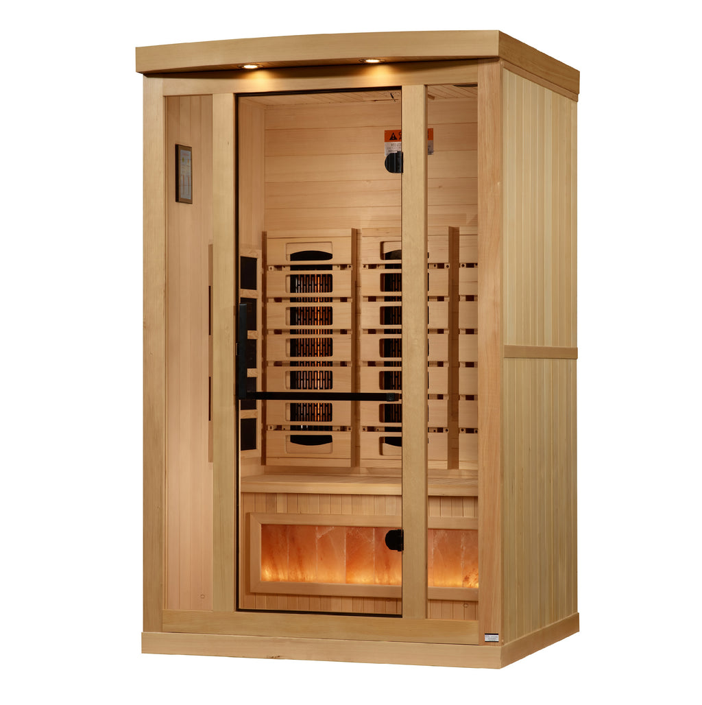 Wooden sauna with interior lights on a white background