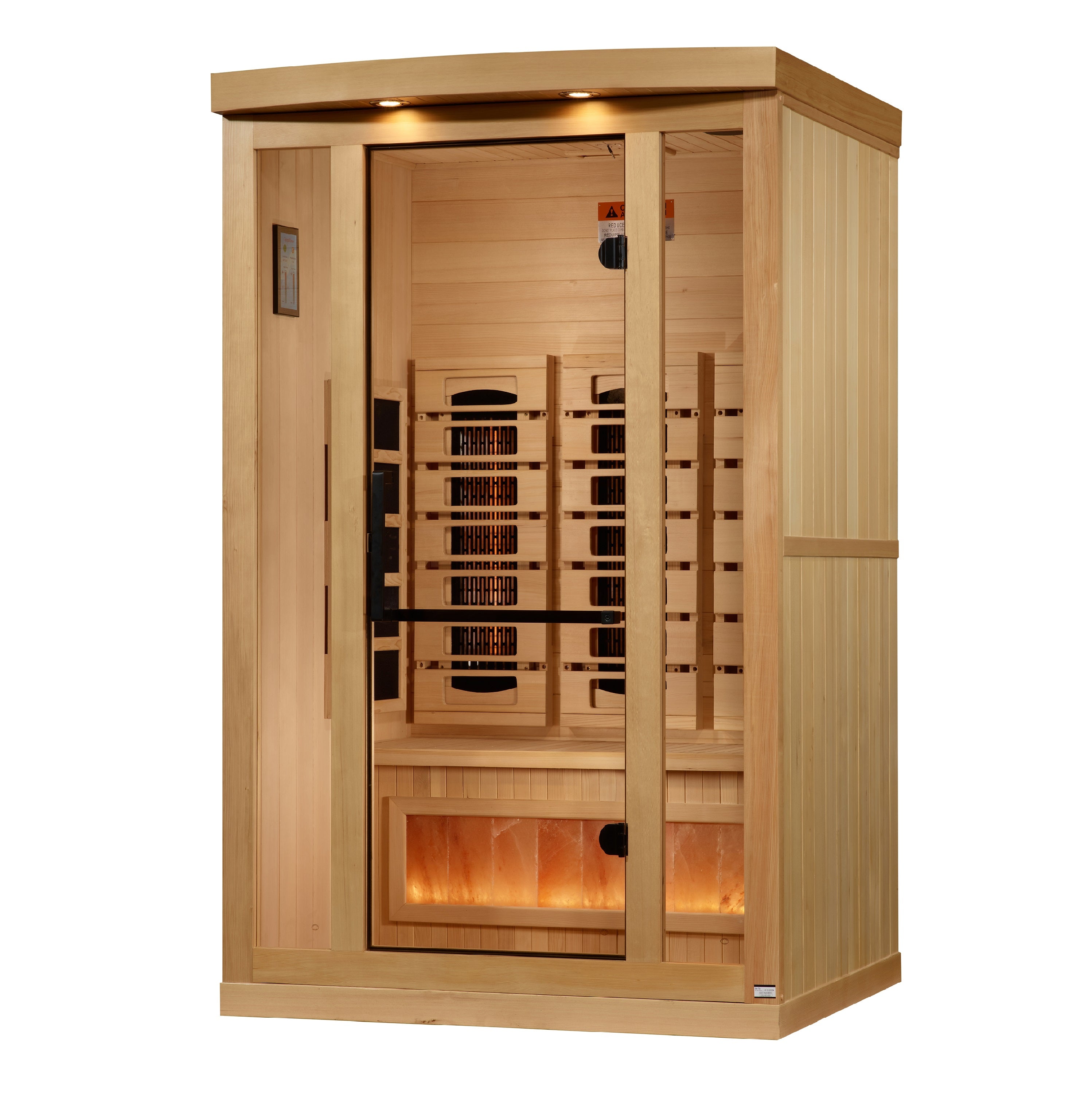 Wooden sauna with interior lights on a white background