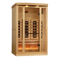 Wooden sauna with interior lights on a white background