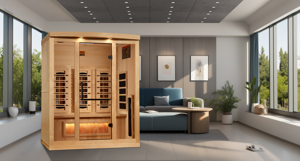Infrared sauna in a modern living room with large windows