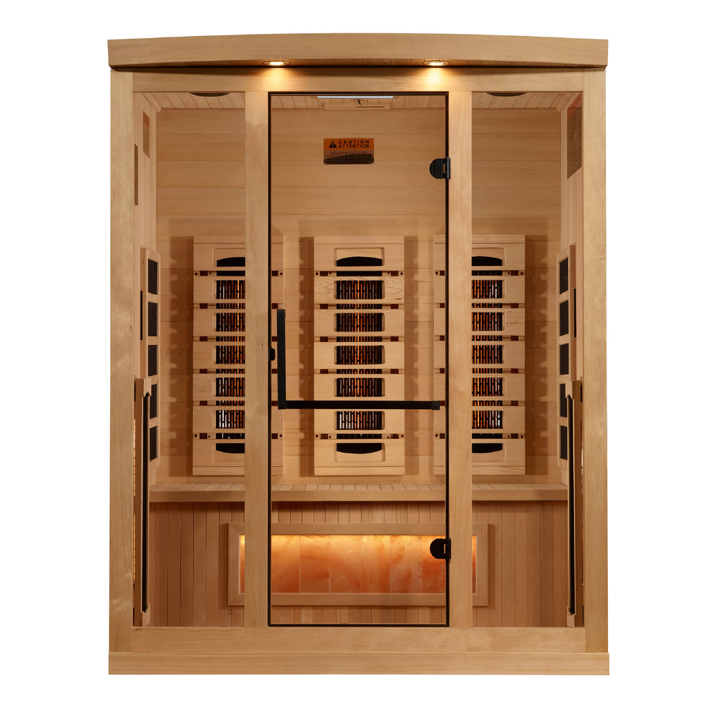 Wooden sauna with glass door on a white background