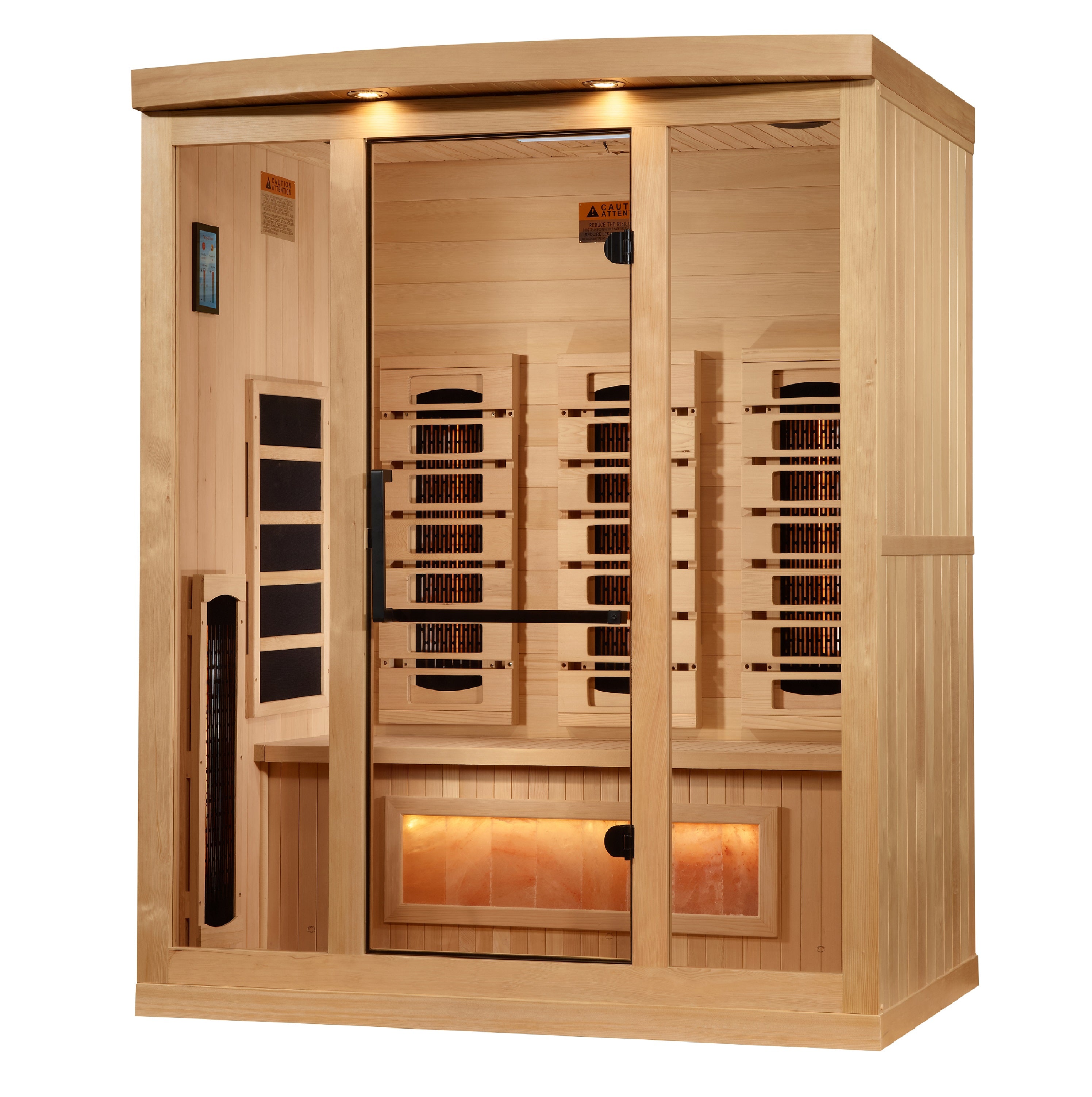 Wooden sauna with glass doors on a white background