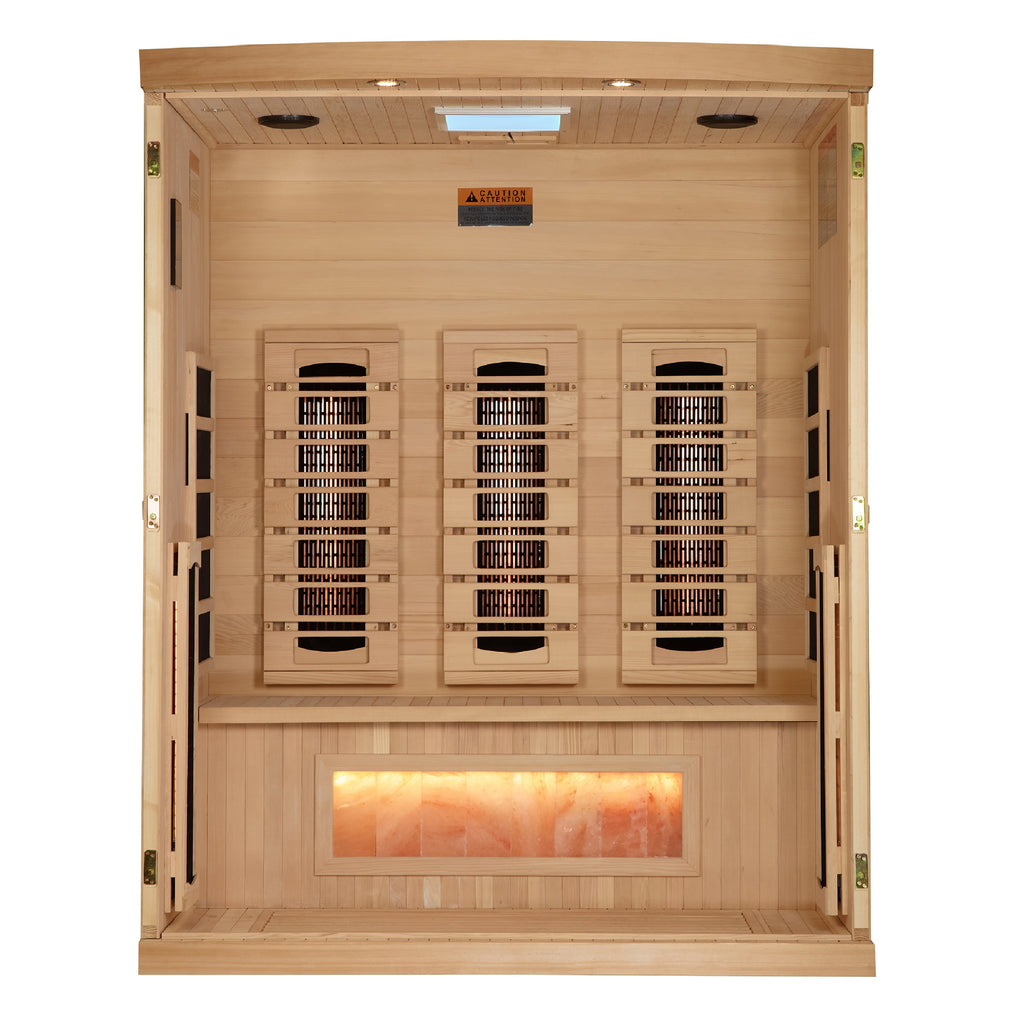 Infrared sauna with wooden interior and glowing light panel on a white background