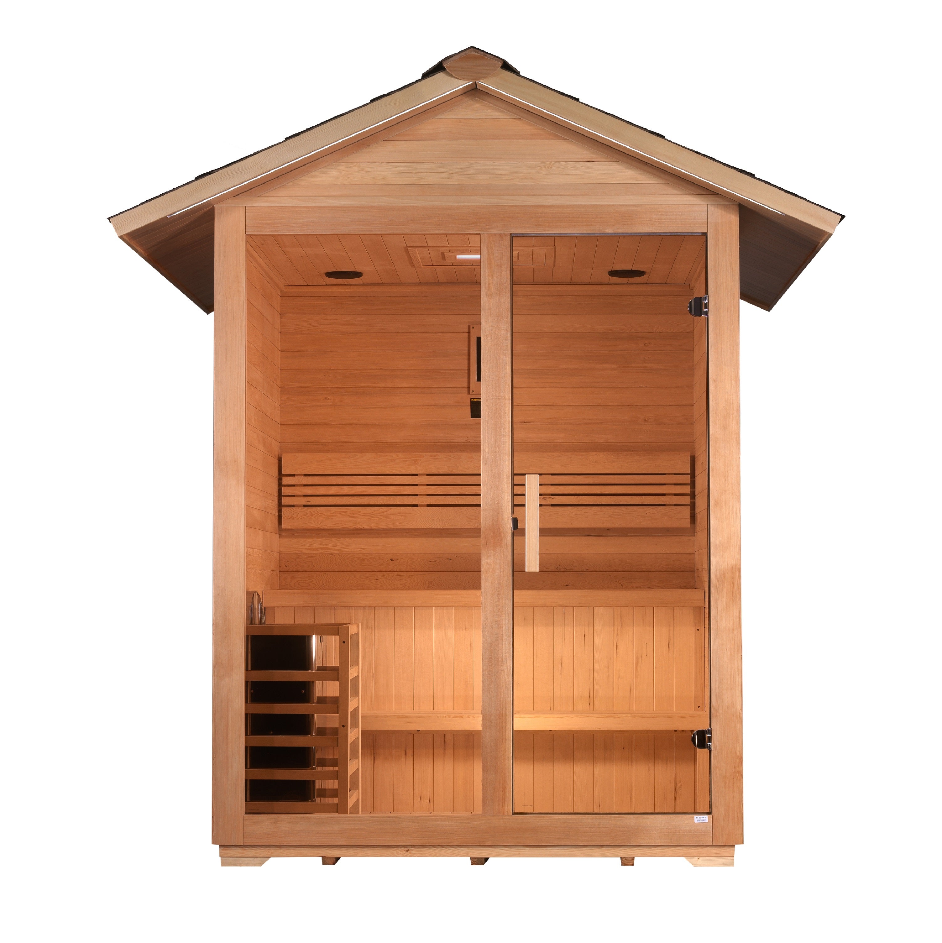 Wooden sauna with a sliding door on a white background