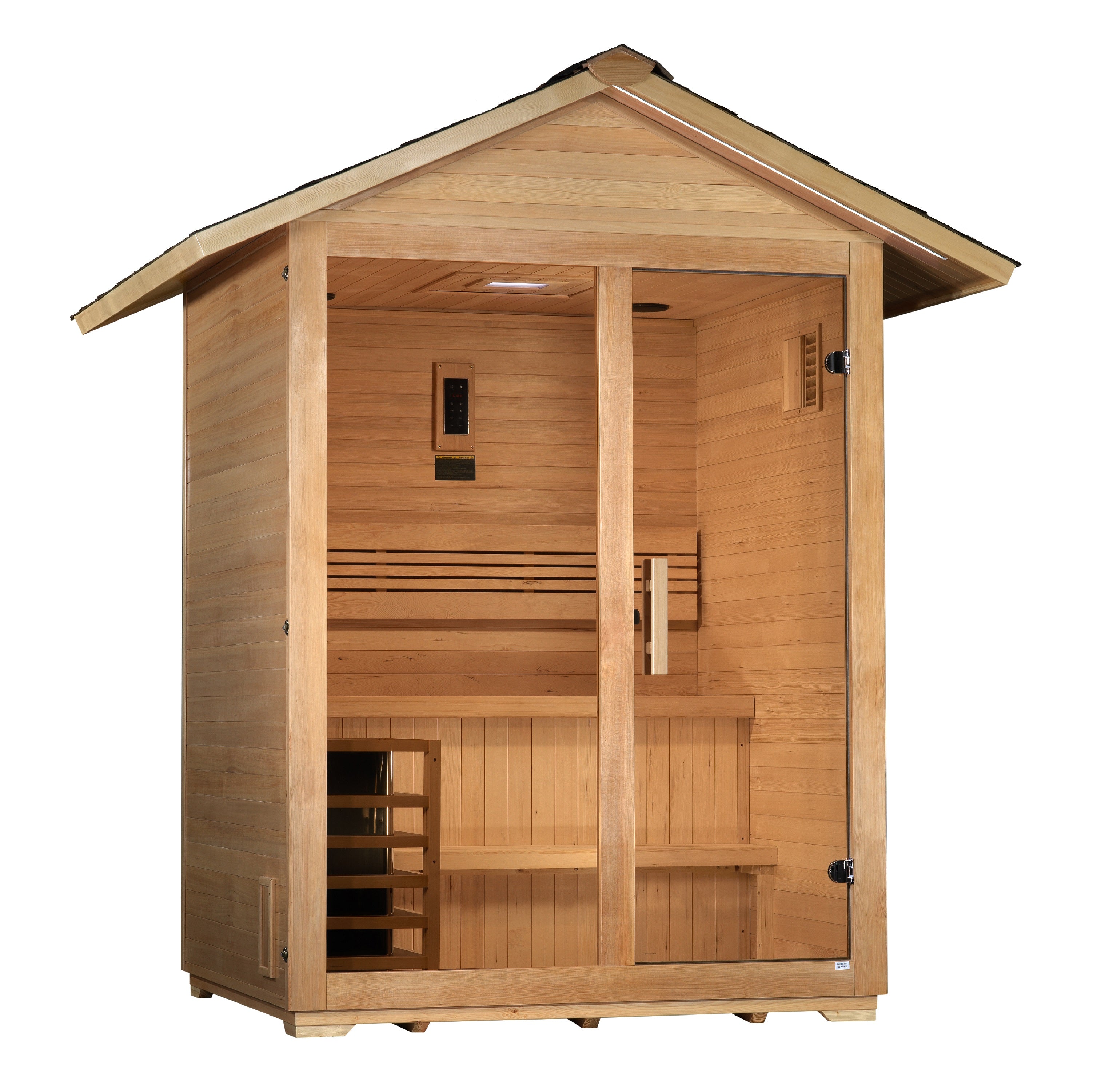 Wooden sauna with a white background