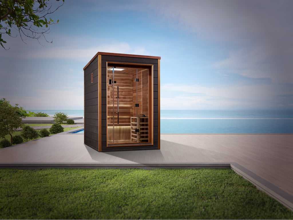 Wooden sauna cabin in a garden with a clear sky