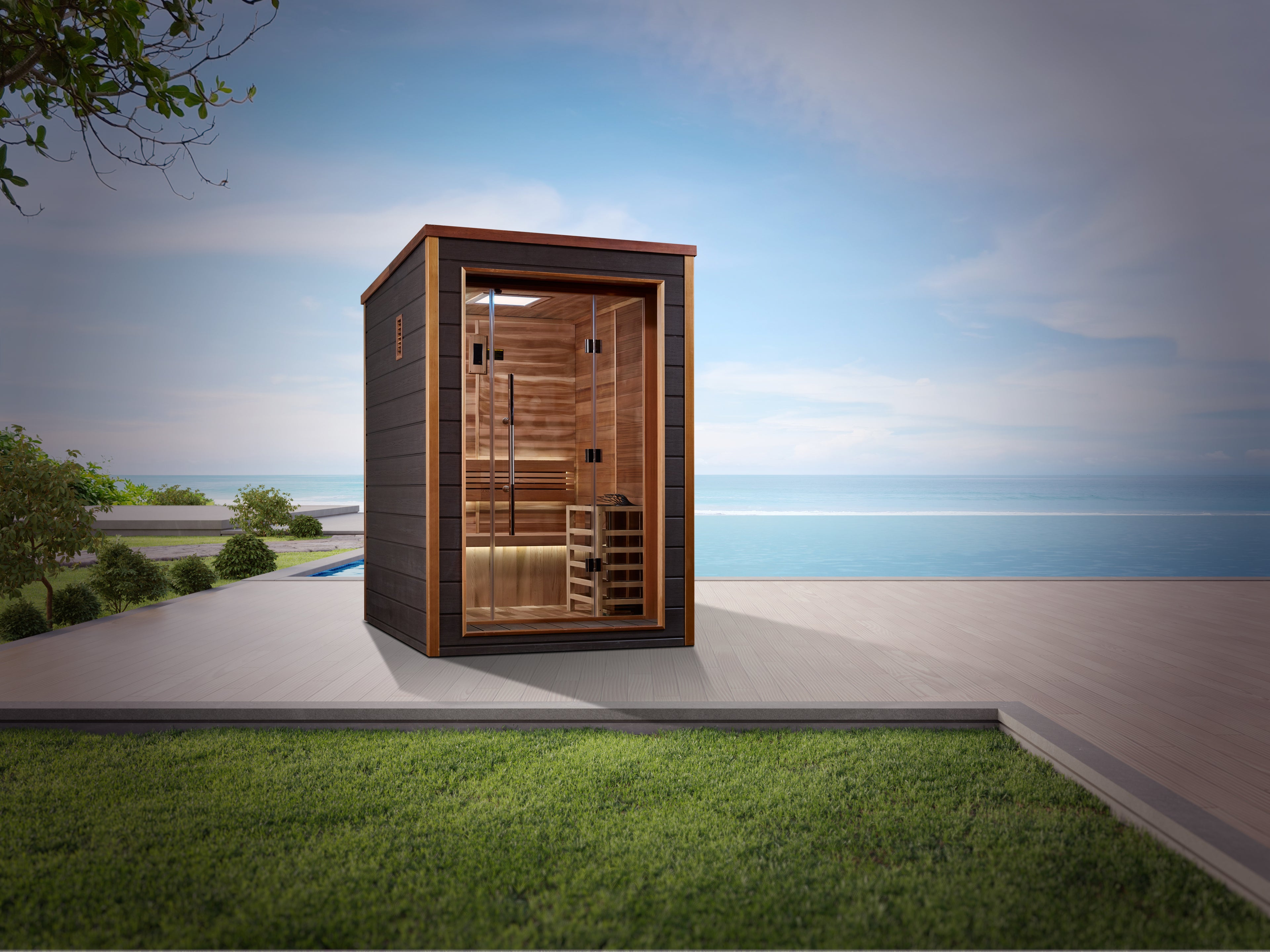 Wooden sauna cabin in a garden with a clear sky