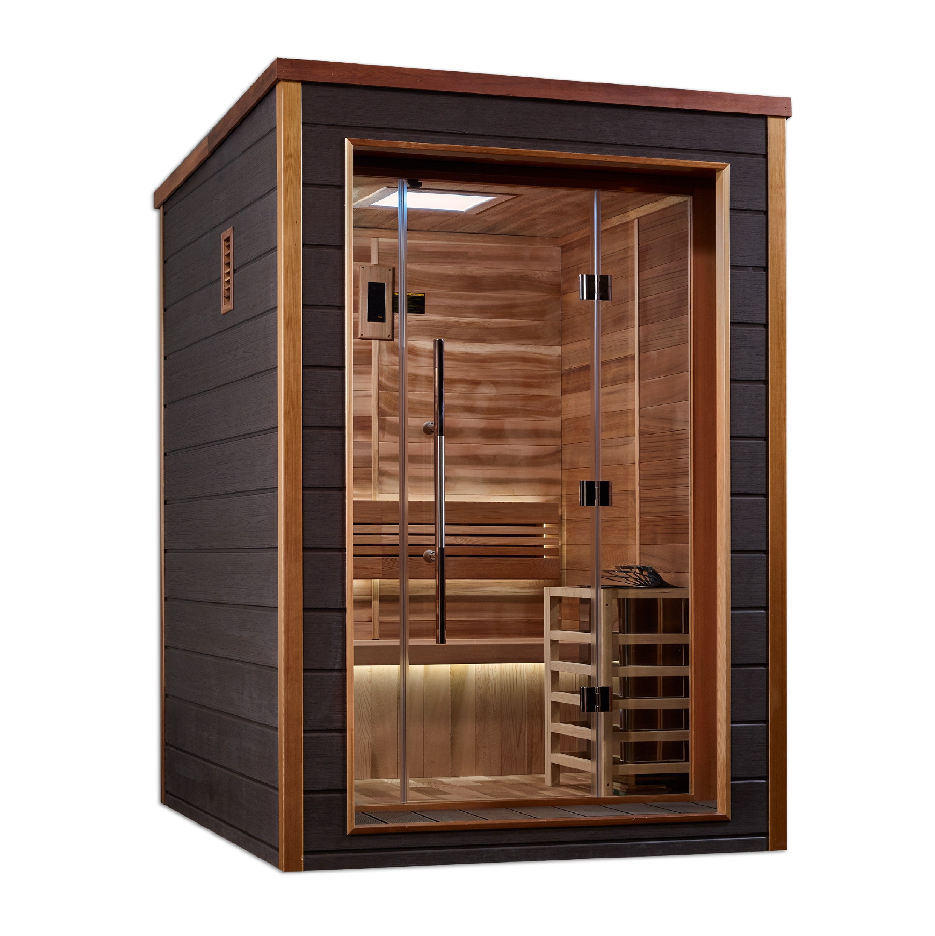 Wooden sauna with glass door on a white background