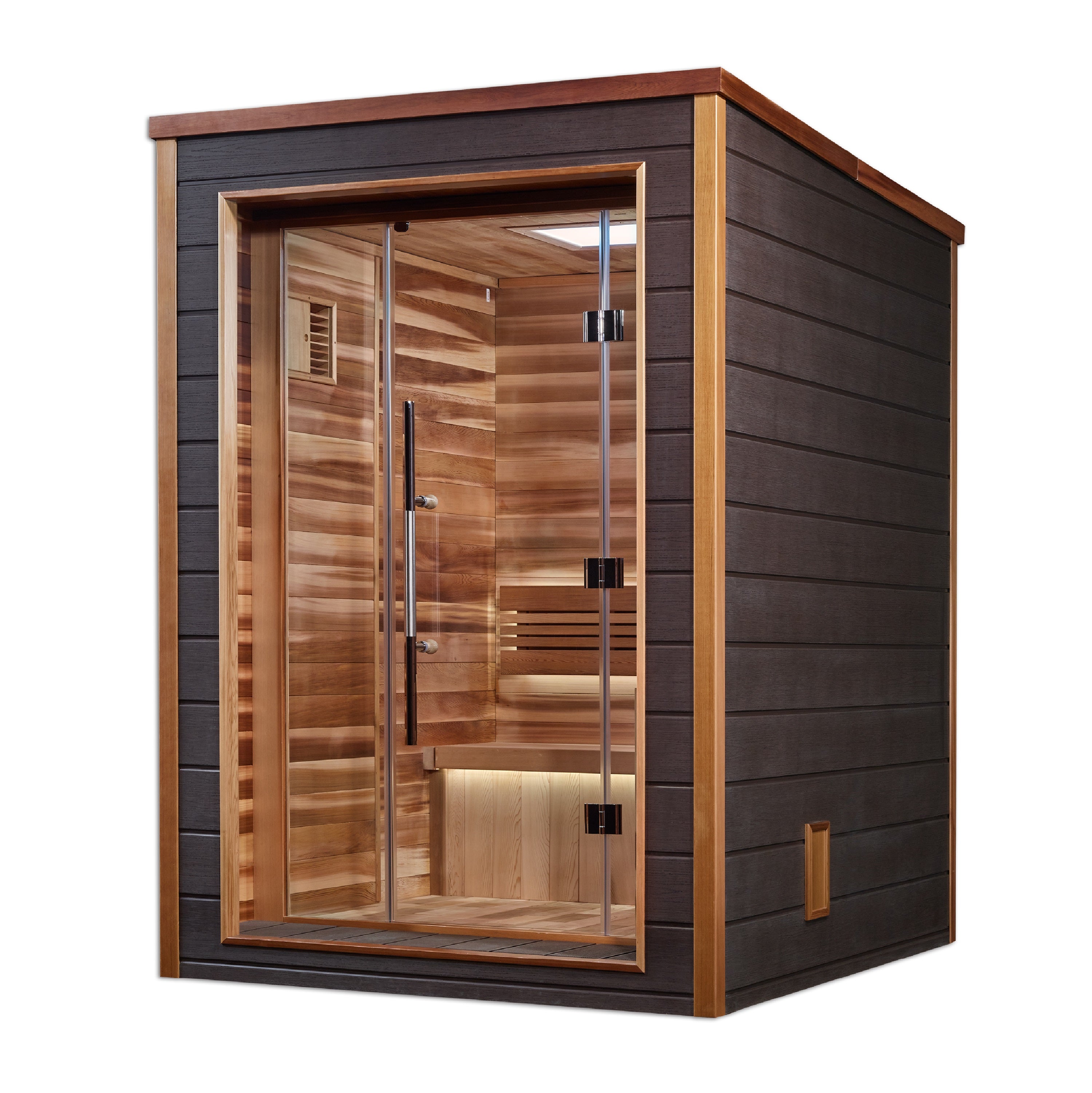 Wooden sauna with glass door on a white background