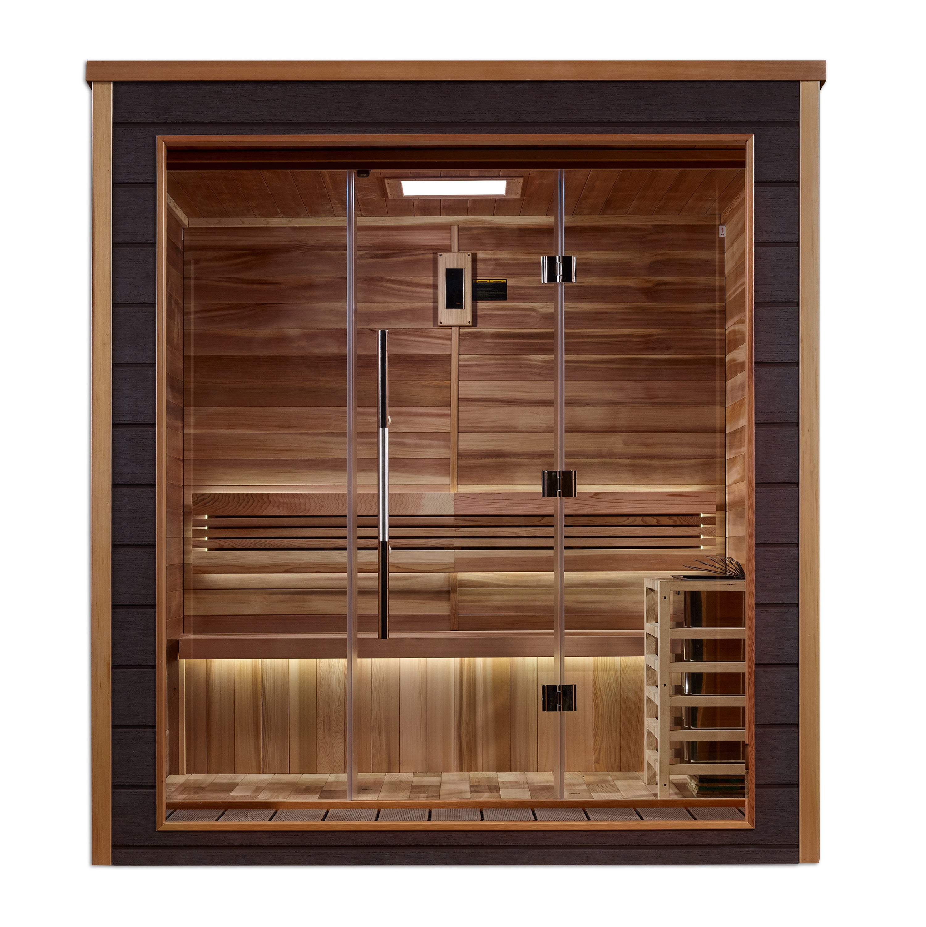 Wooden sauna with glass door on a white background