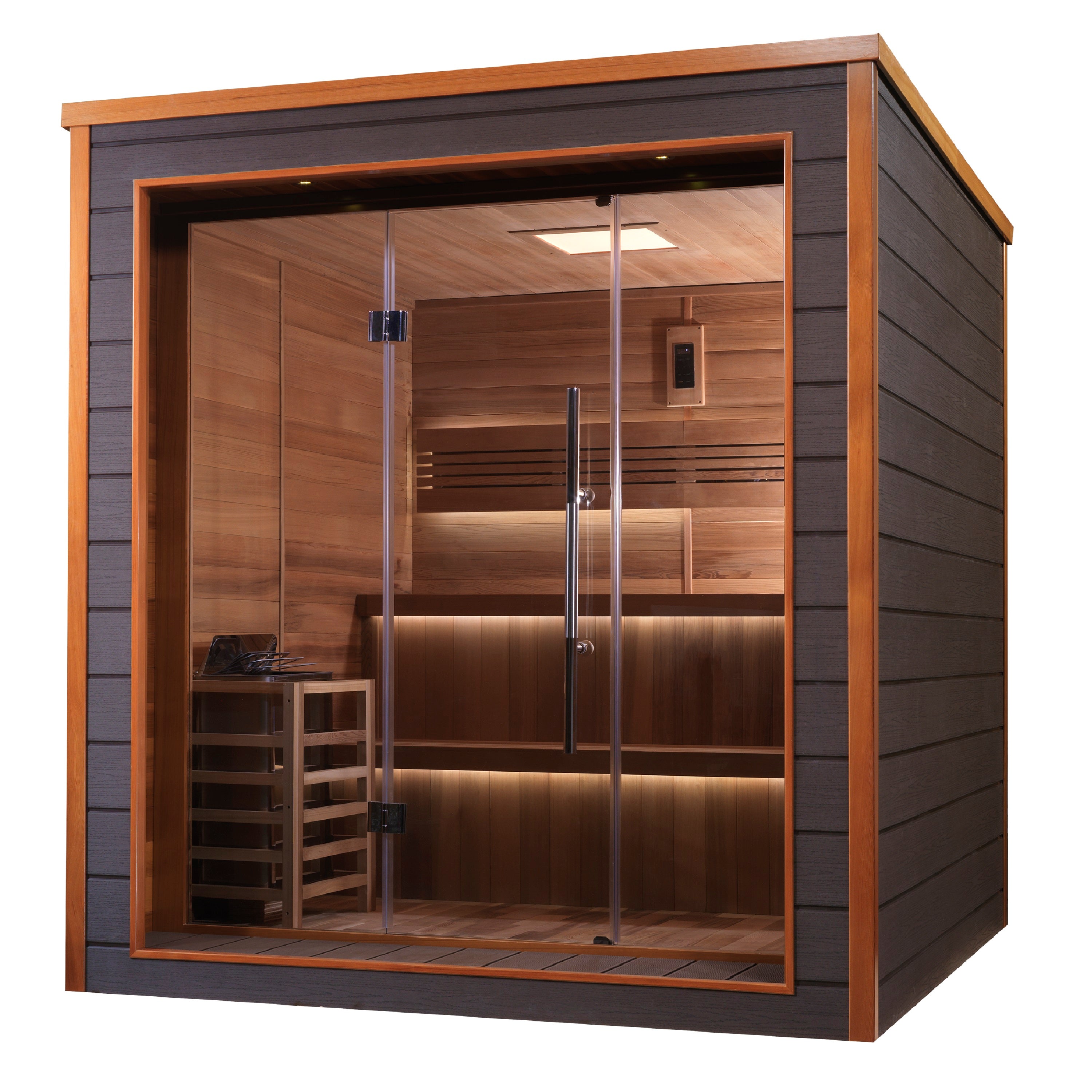 Wooden sauna with glass door on a white background