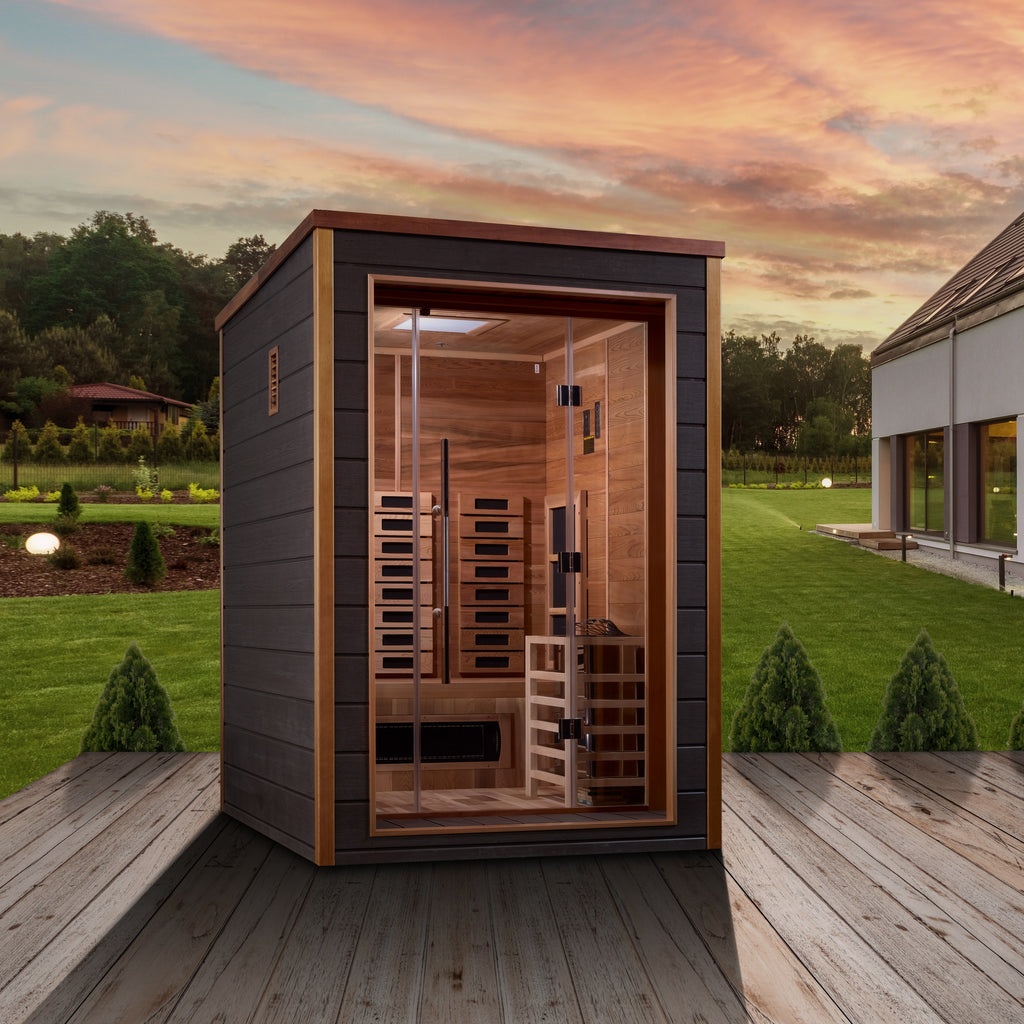 Wooden sauna on a wooden deck with a scenic background