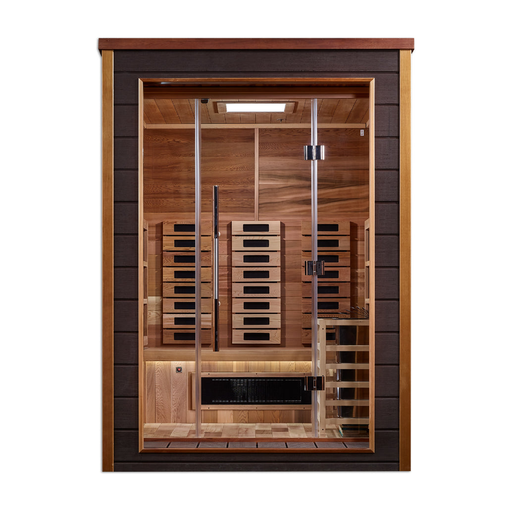 Wooden sauna with glass door on a white background
