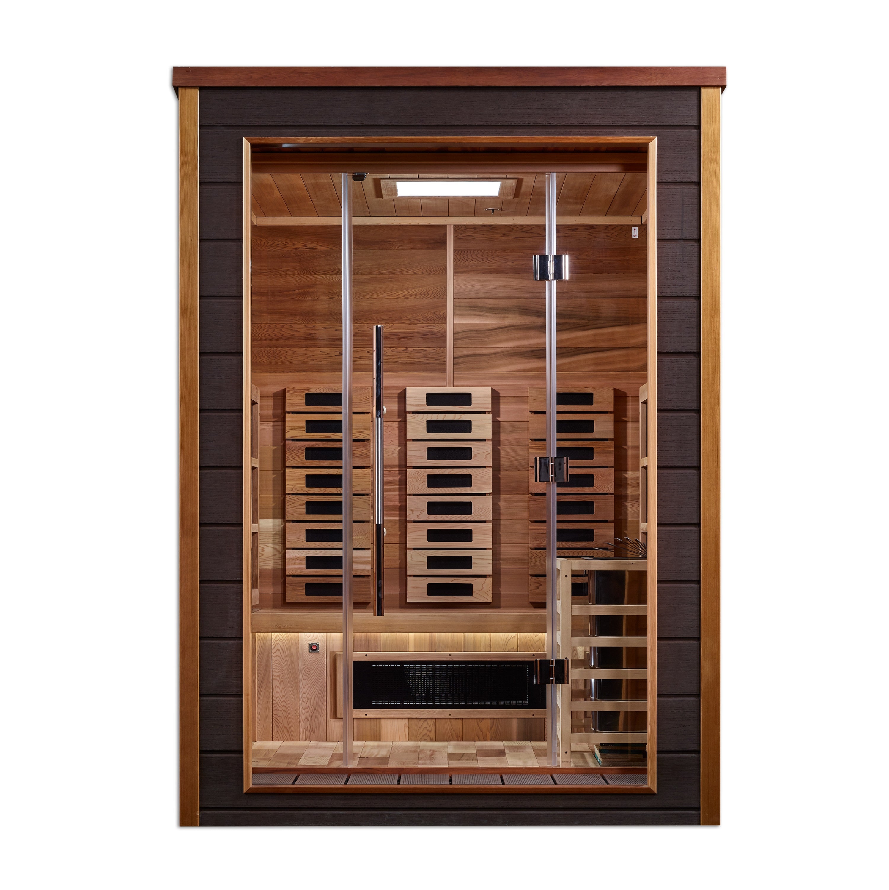 Wooden sauna with glass door on a white background