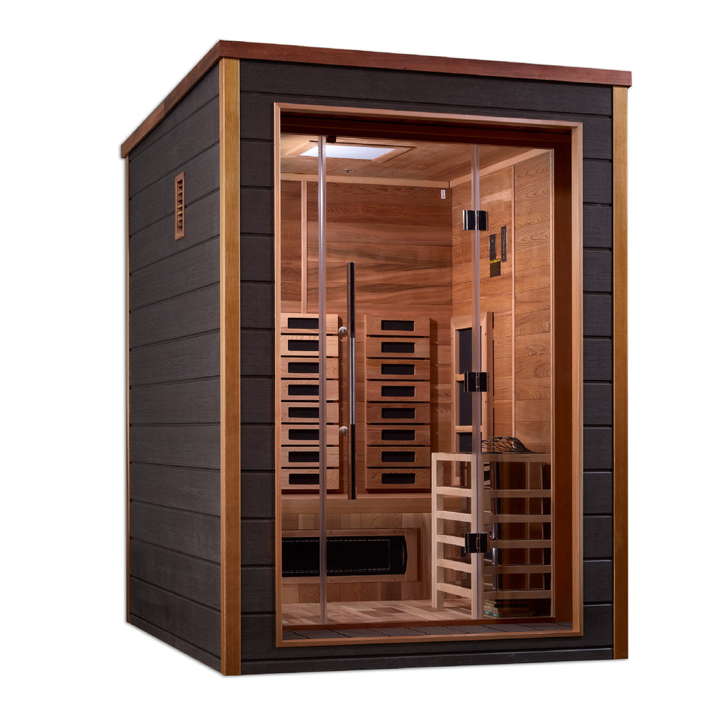 Infrared sauna with wooden interior and black exterior on a white background