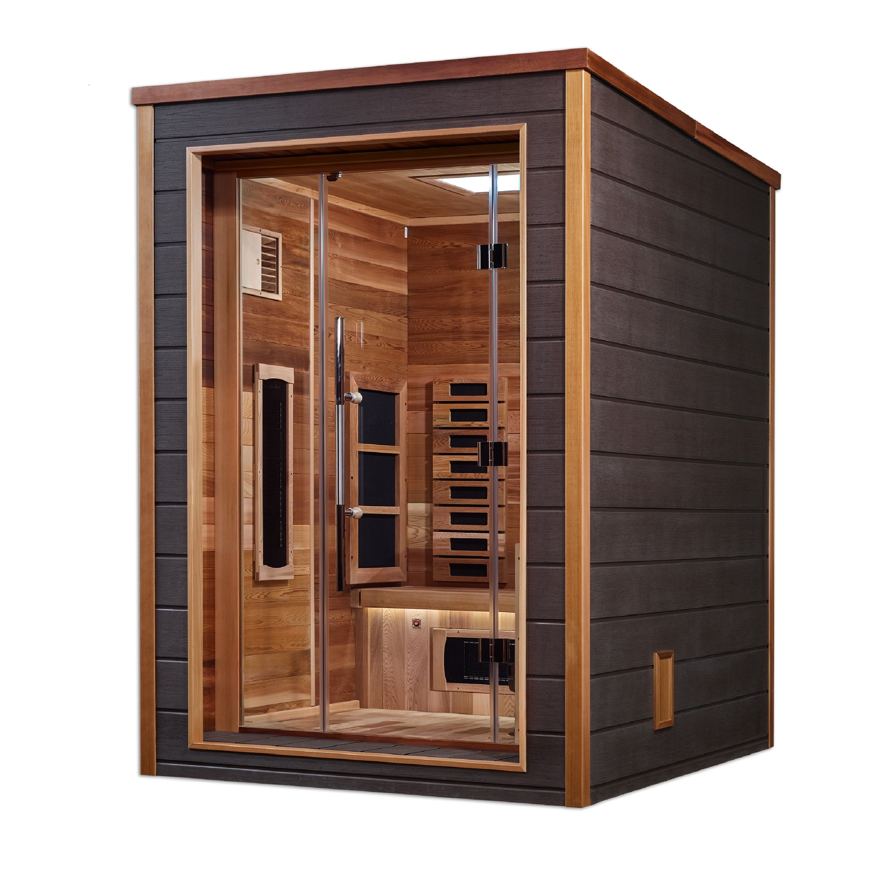 Wooden sauna with glass door on a white background