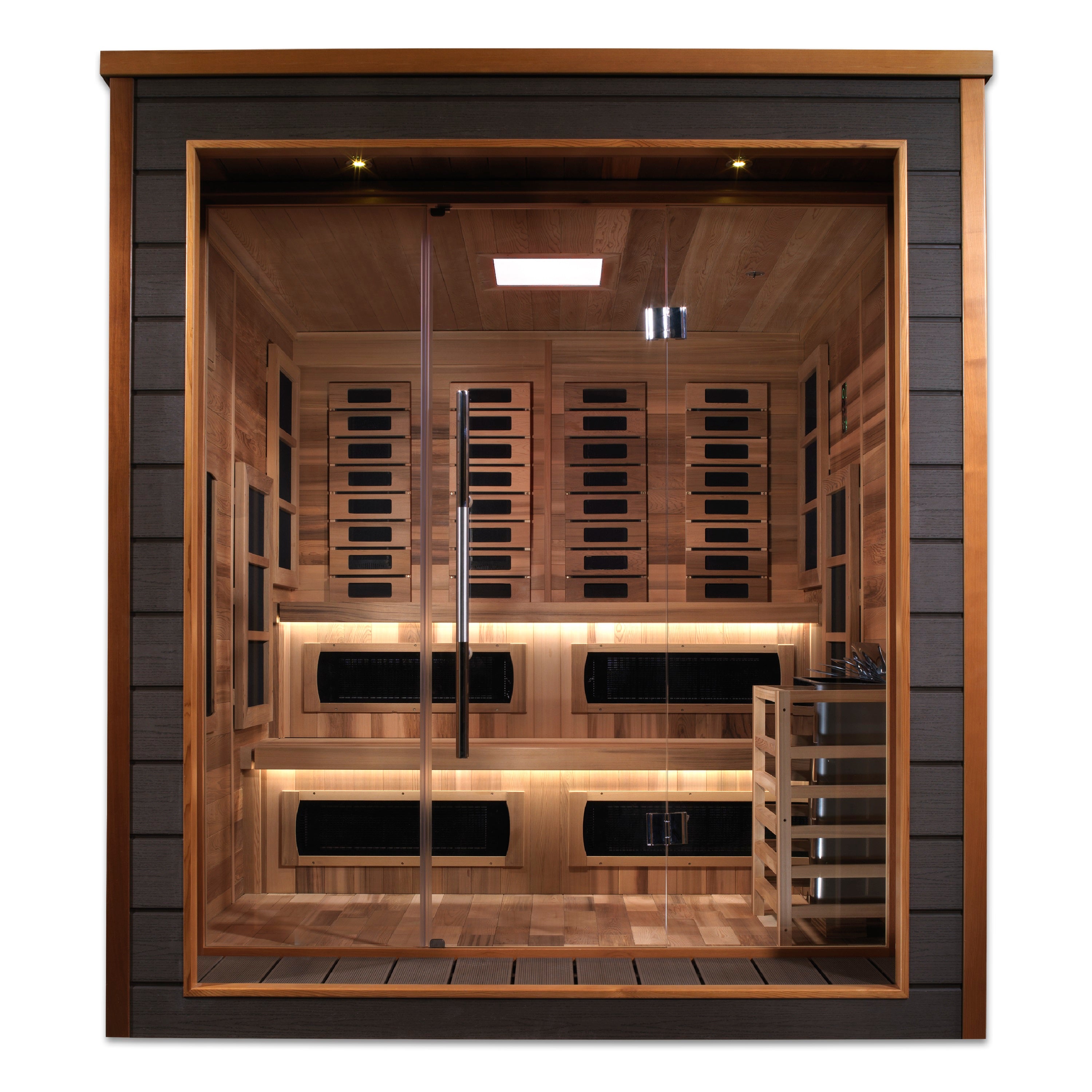 Infrared sauna with wooden interior and glass door on a white background