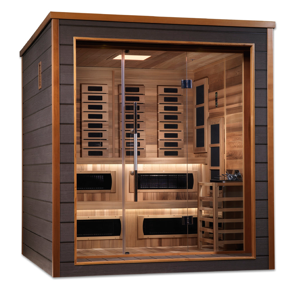 Wooden sauna with glass door on a white background