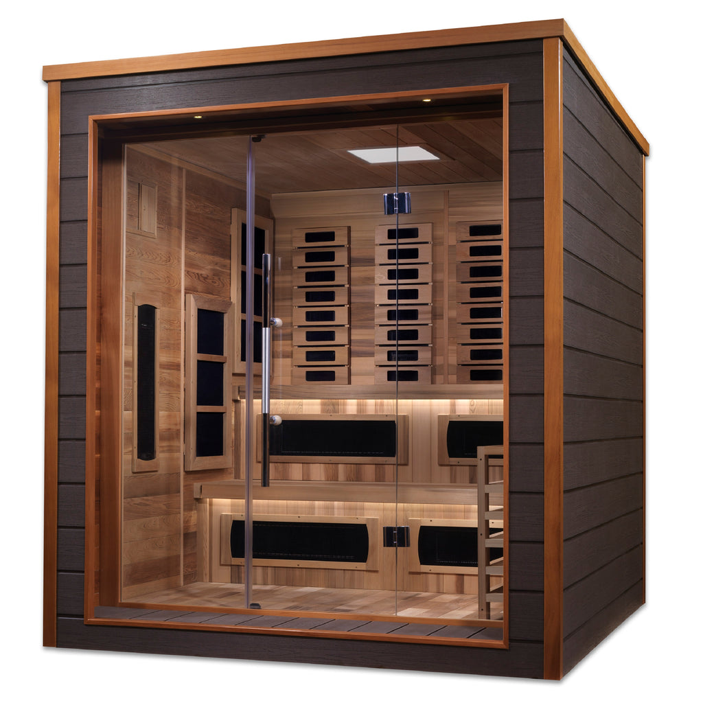 Wooden sauna with glass door on a white background
