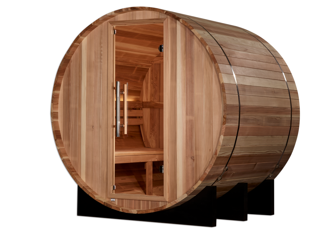 Wooden barrel sauna on a white background