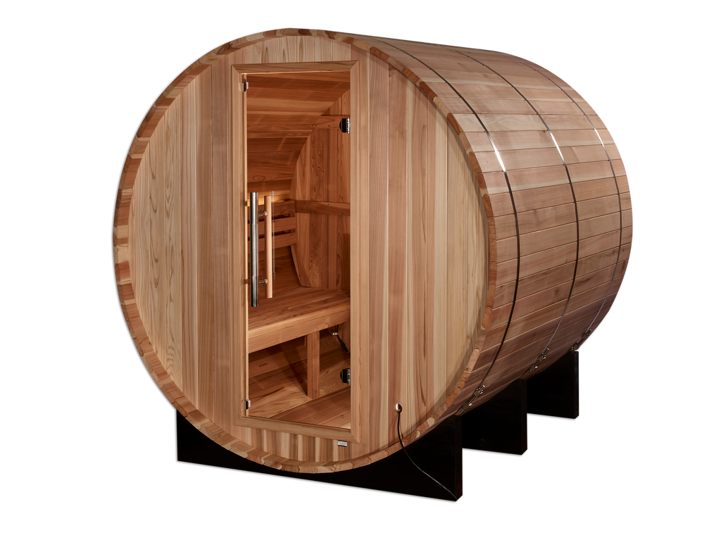 Wooden barrel-style sauna with open door on a white background