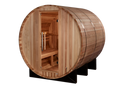 Wooden barrel-style sauna with open door on a white background