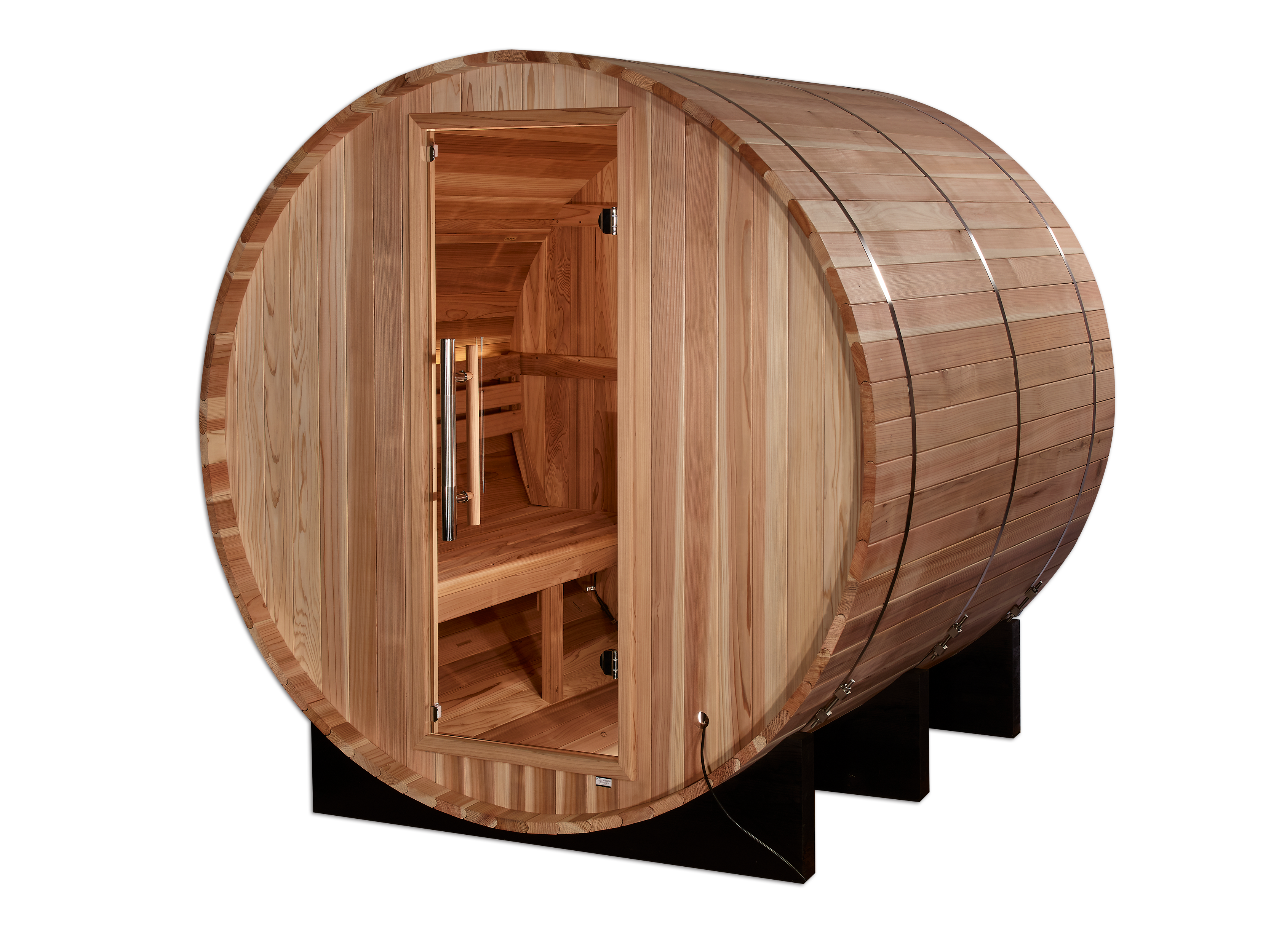 Wooden barrel-style sauna with open door on a white background