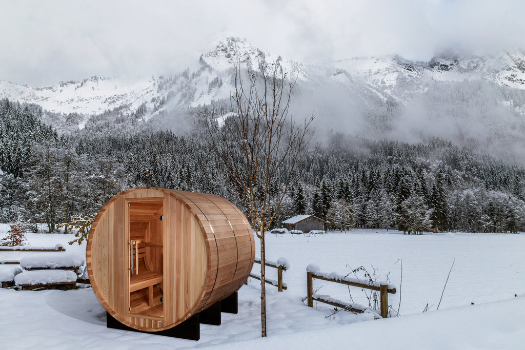 Wooden barrel-shaped sauna in a snowy landscape with mountains in the background