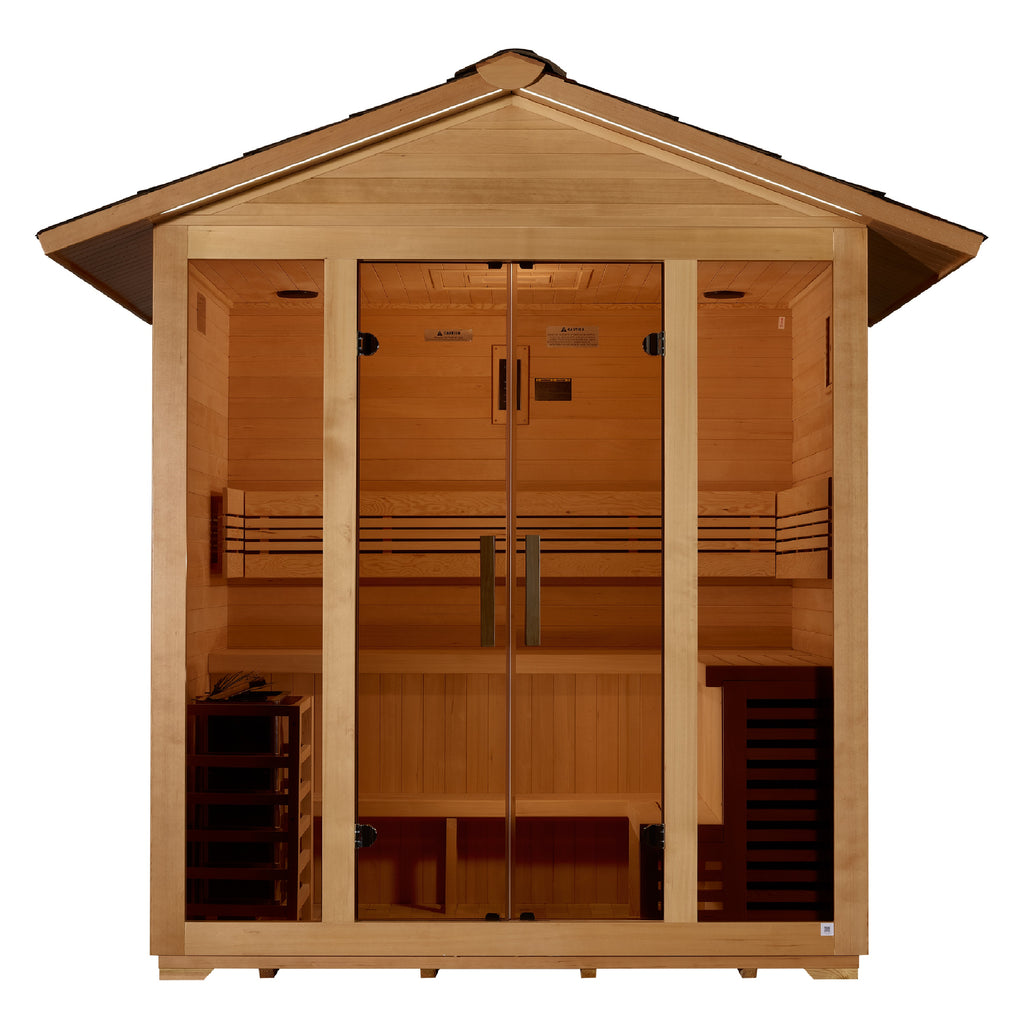 Wooden sauna with glass doors on a white background