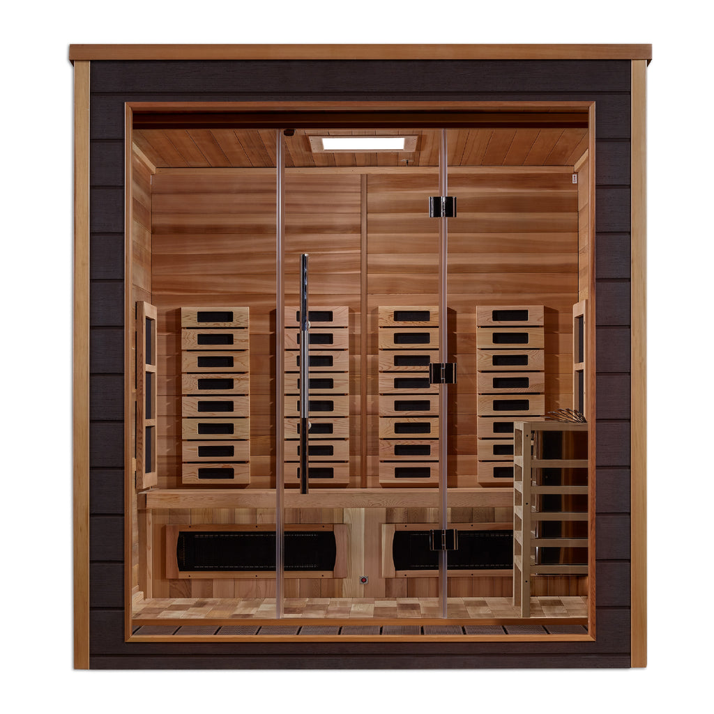 Wooden sauna with glass doors on a white background