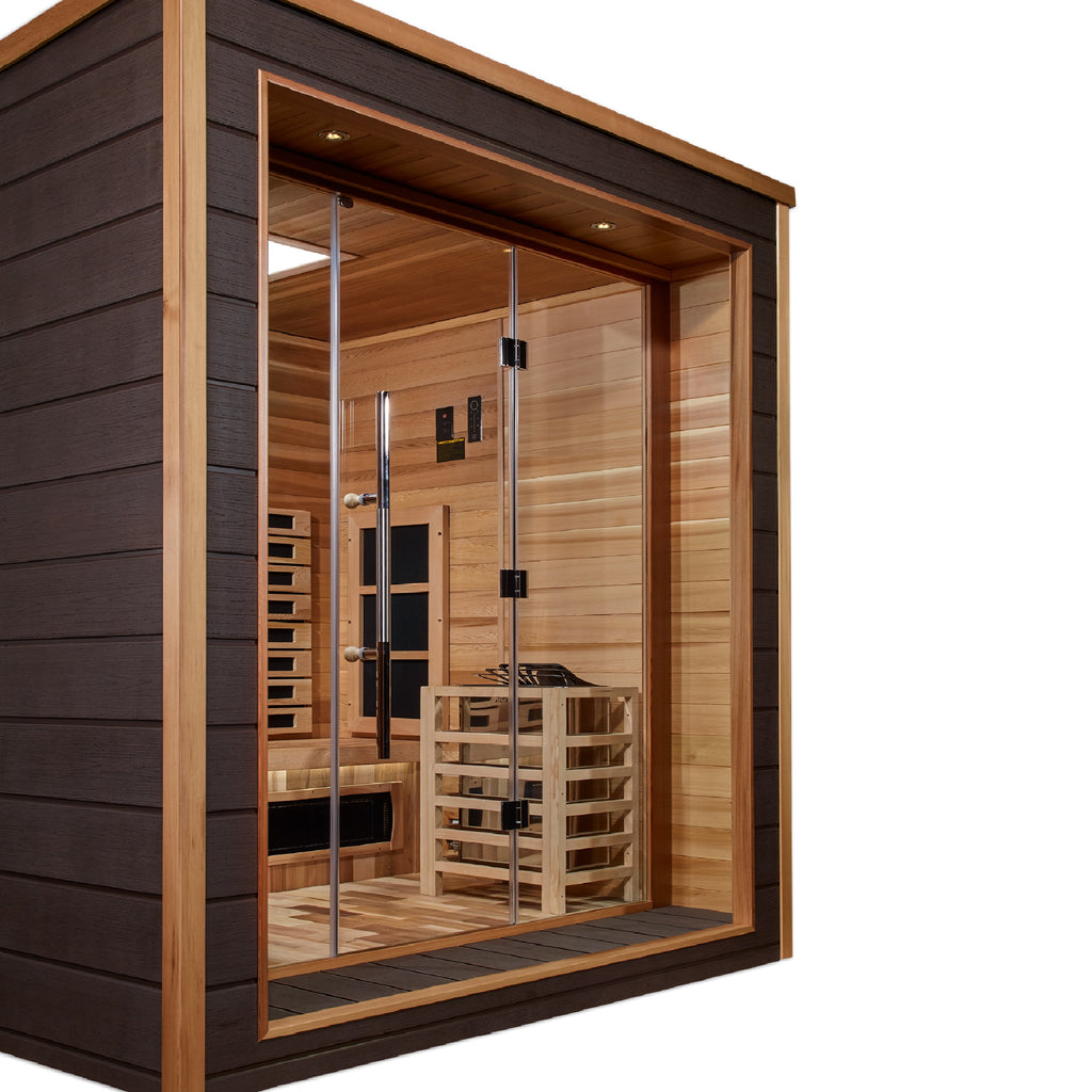 Wooden sauna with glass door on a white background