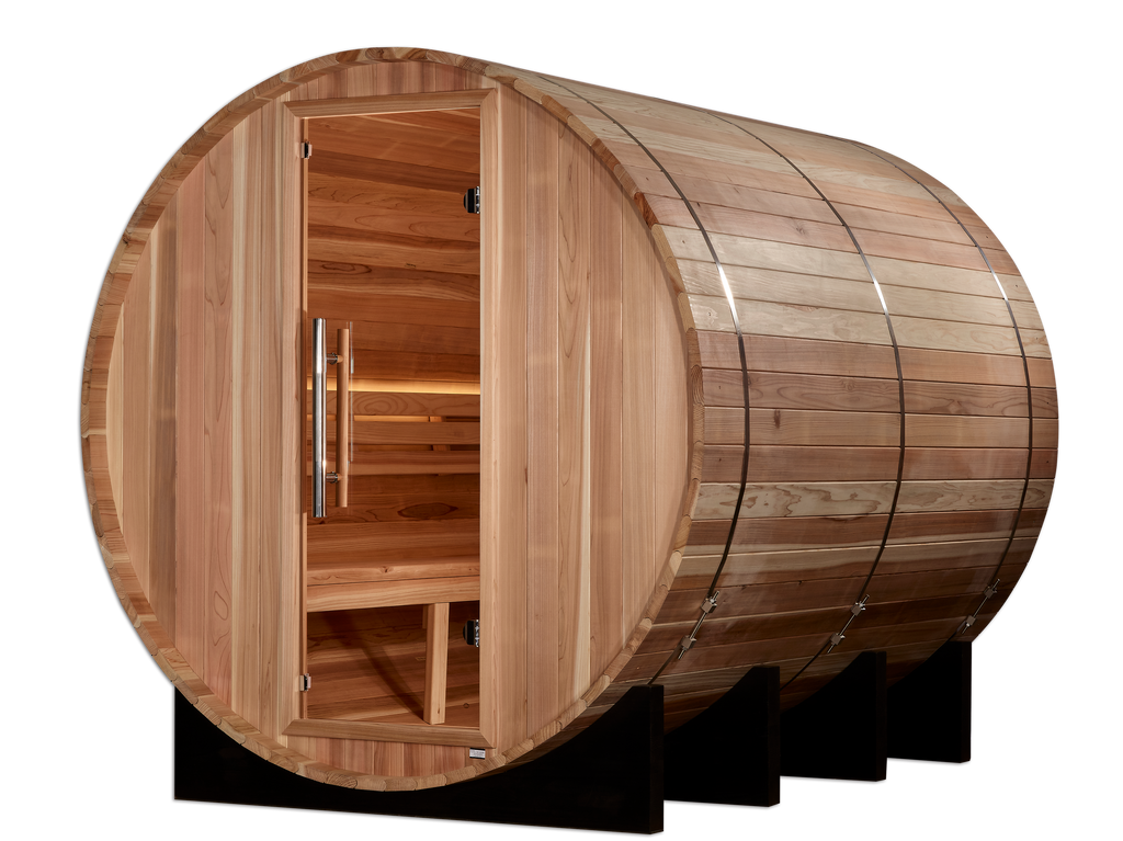 Wooden barrel sauna, glass door