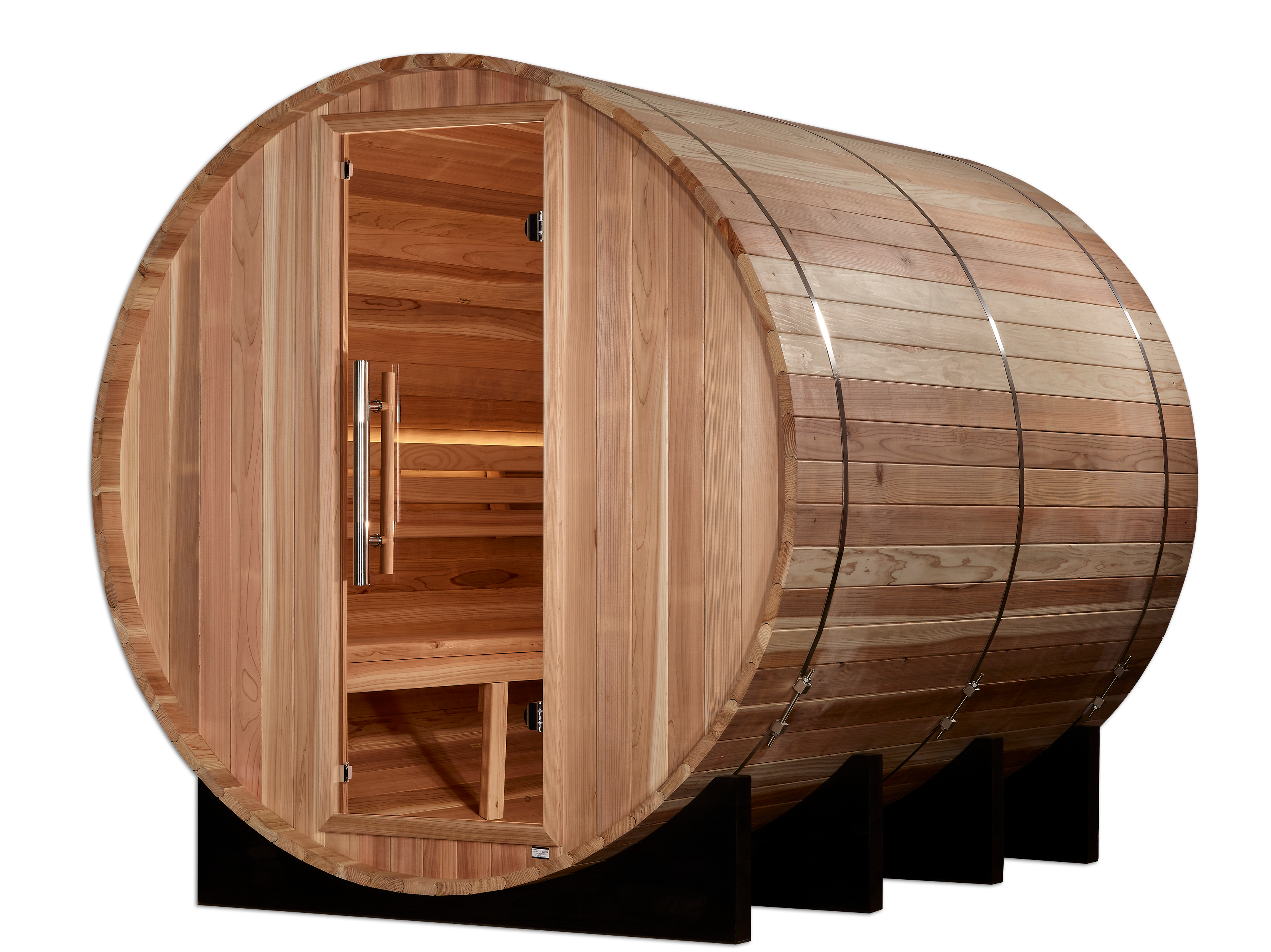 Wooden barrel sauna, glass door