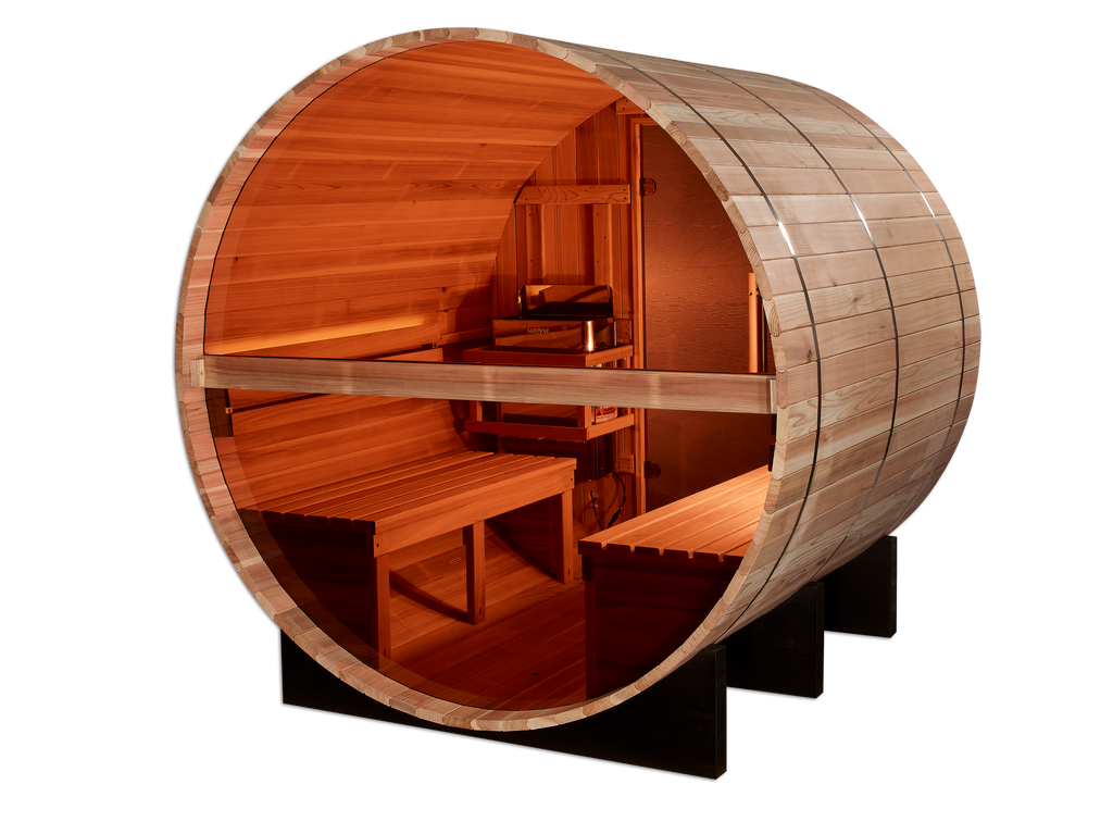 Wooden barrel-shaped sauna with benches on a white background