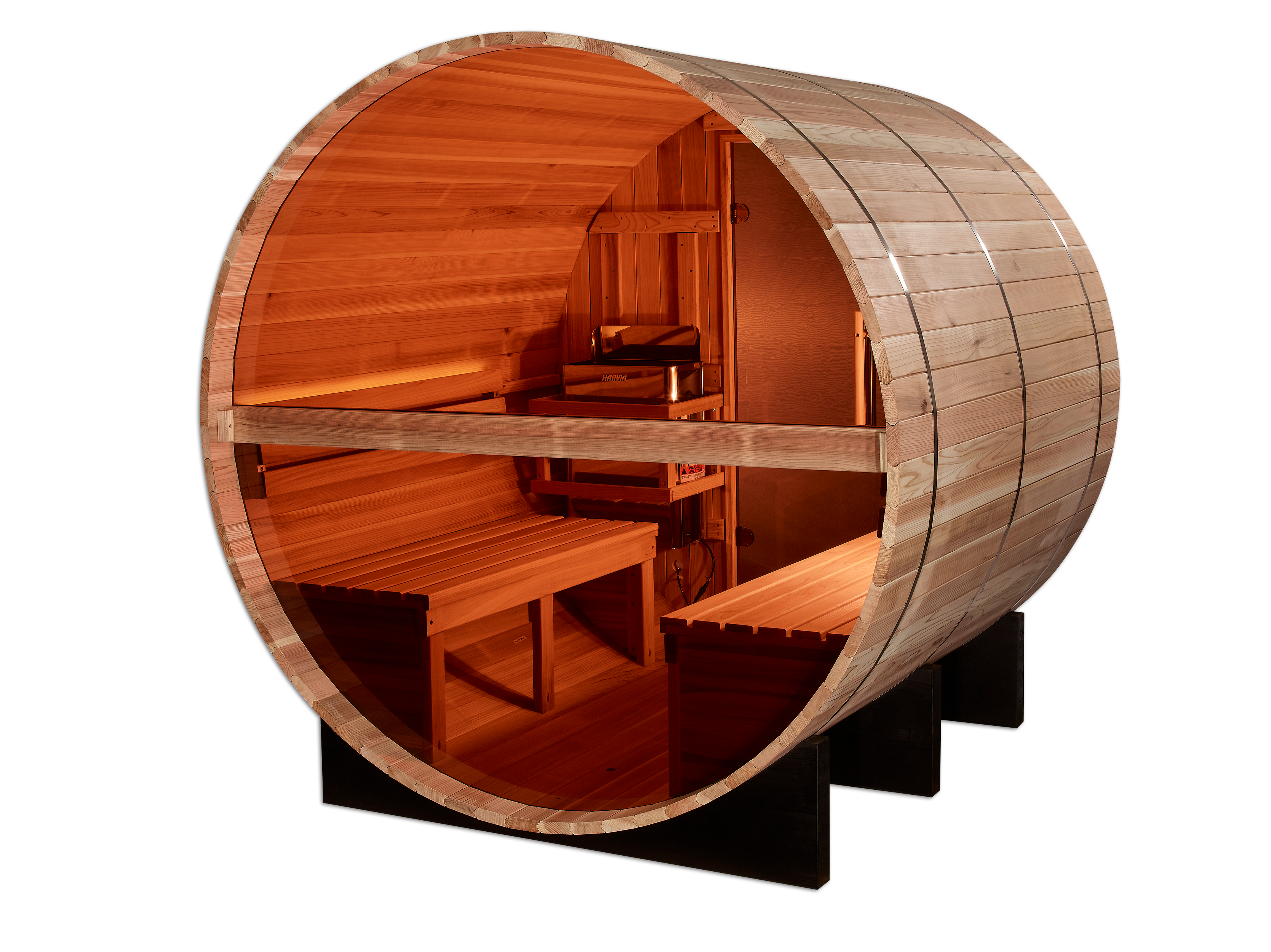 Wooden barrel-shaped sauna with benches on a white background