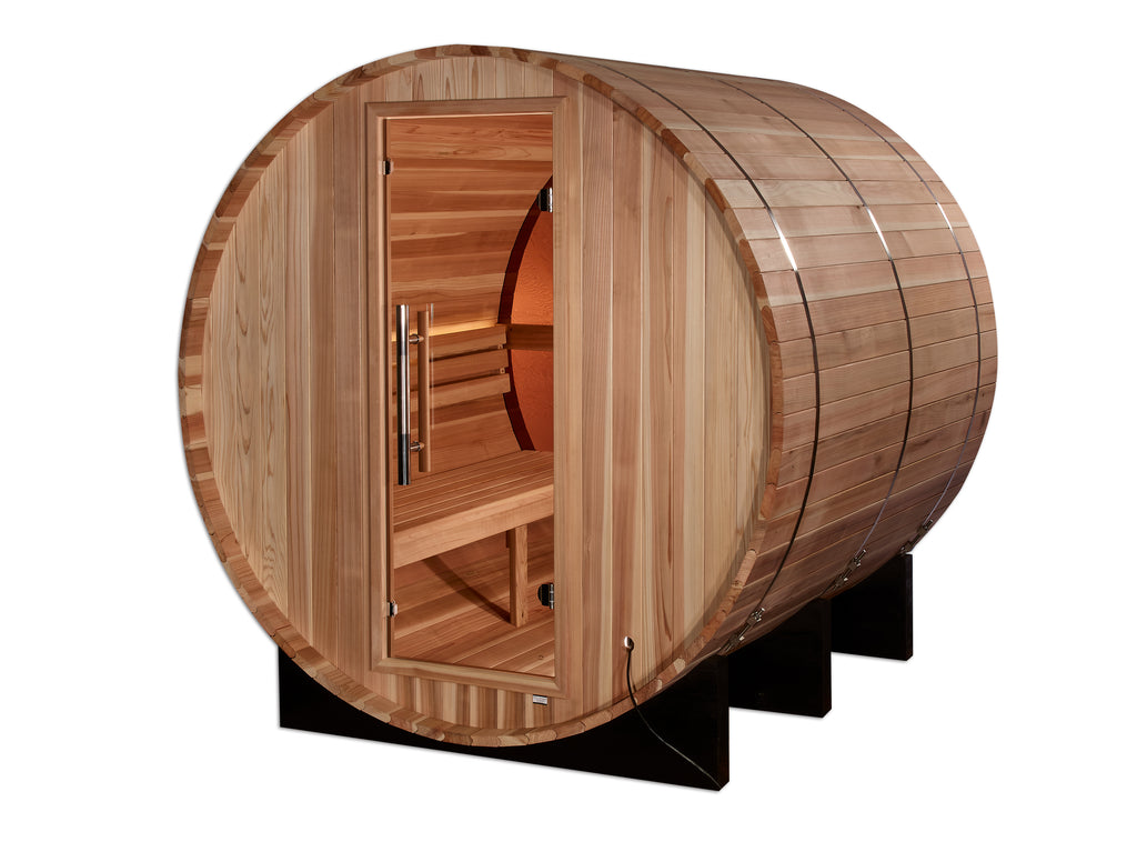 Wooden barrel-shaped sauna on a white background