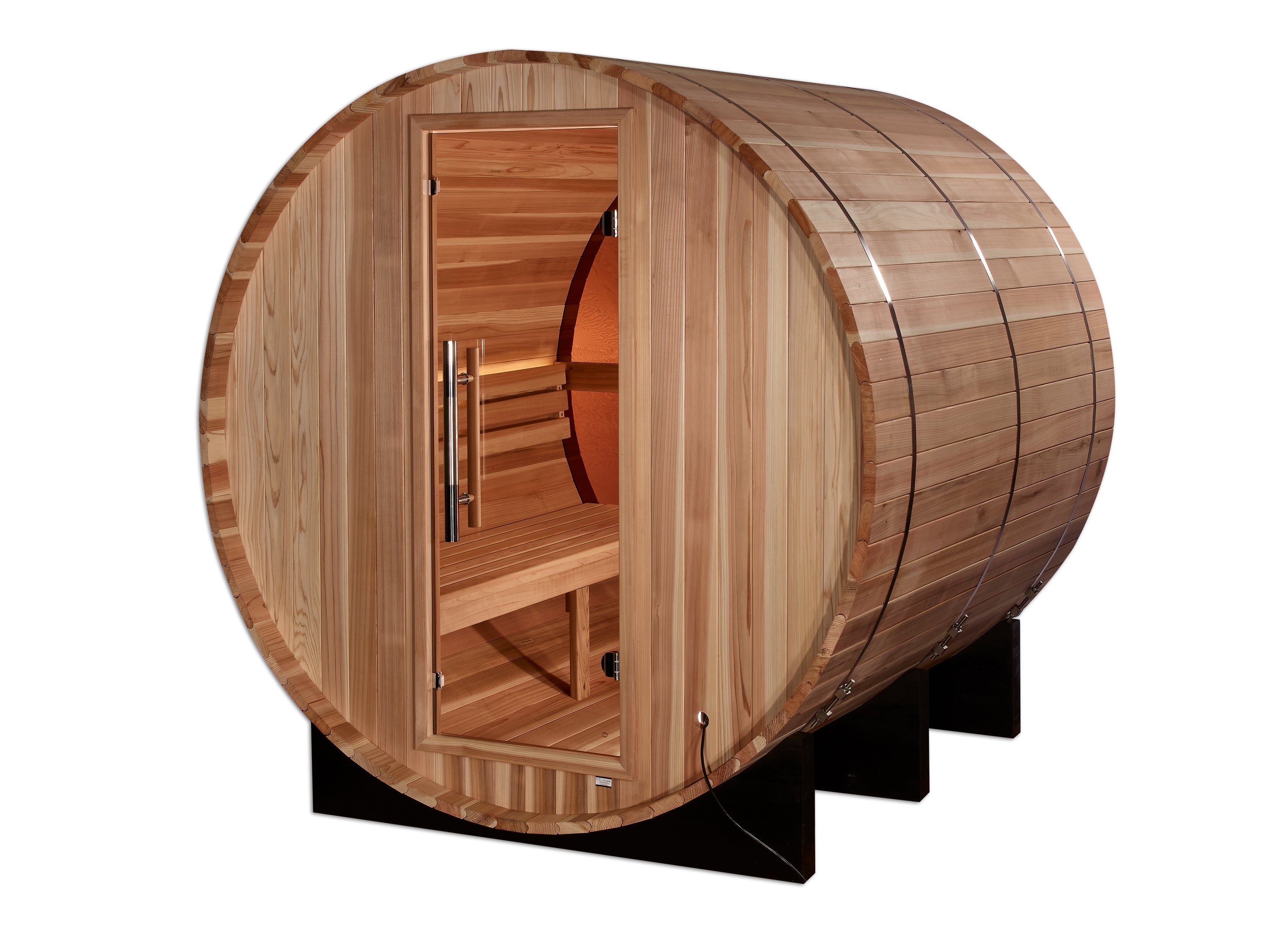 Wooden barrel-shaped sauna on a white background