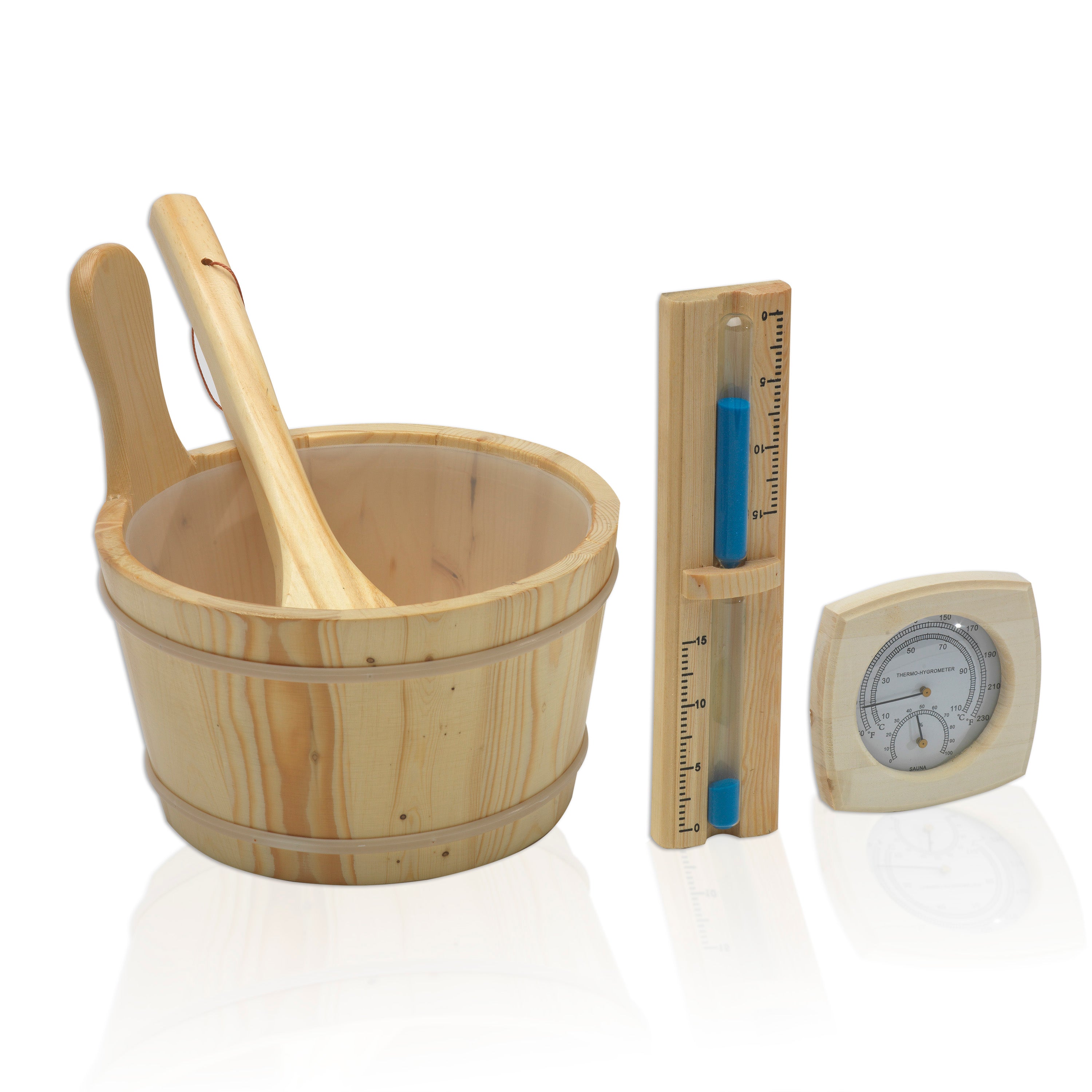 Wooden sauna bucket with ladle, thermometer, and gauge on a white background