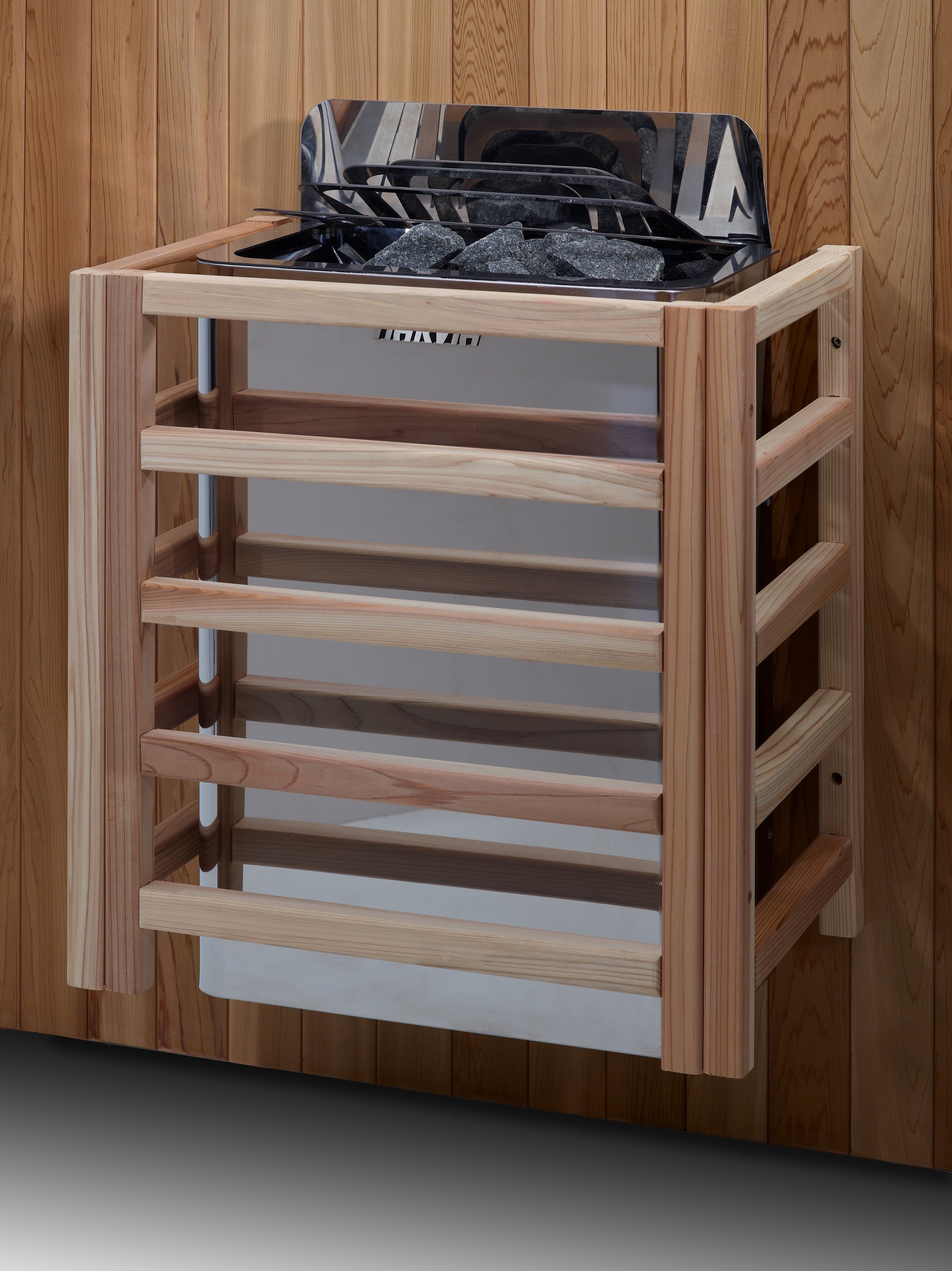 Wooden sauna shelf with stove against a wooden wall