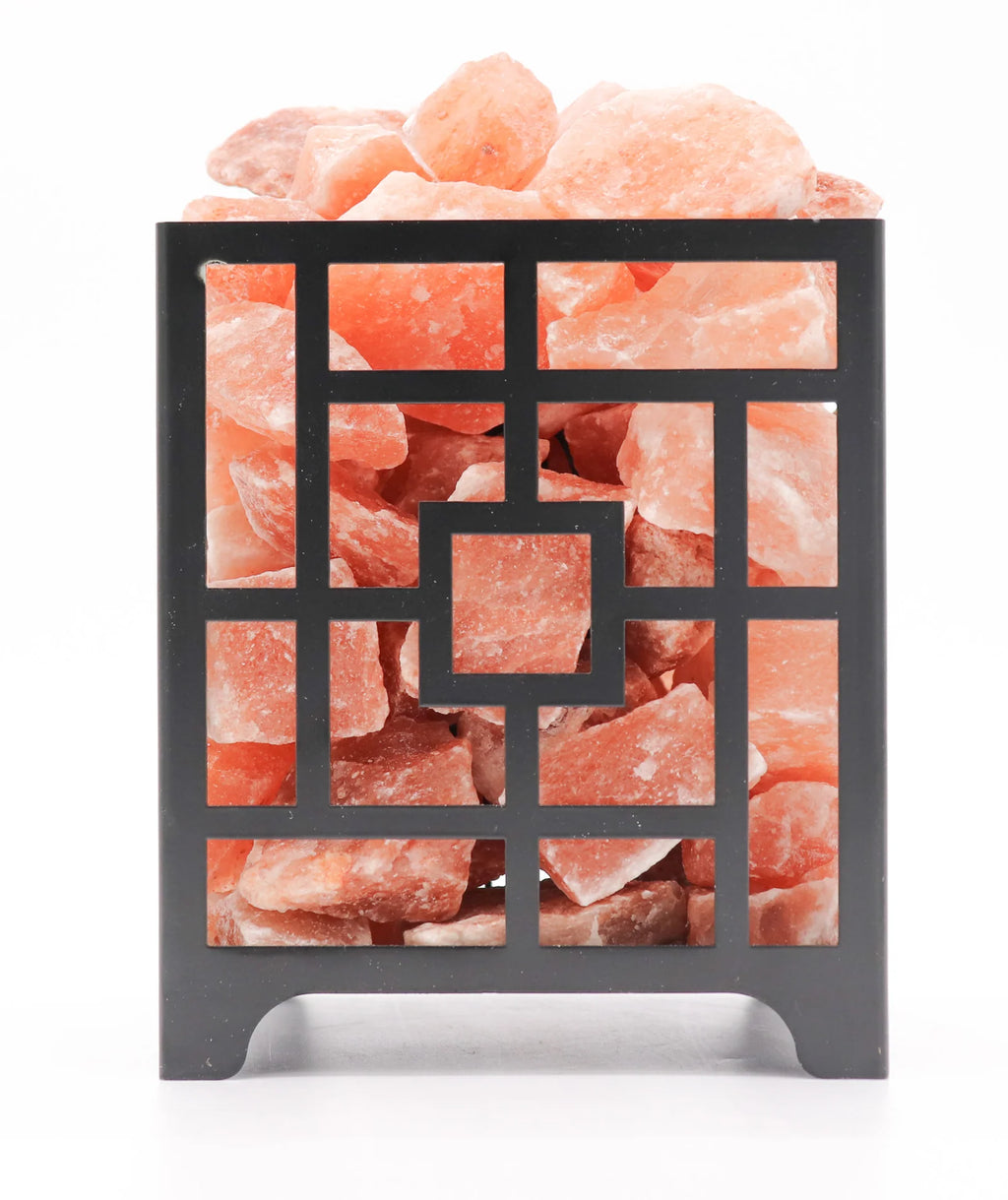 square salt lamp with loose salt chunks