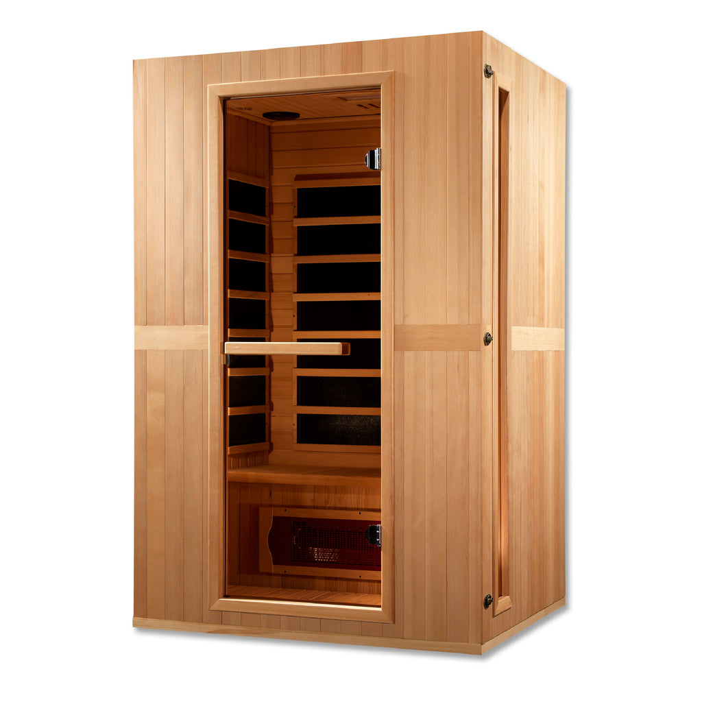 Wooden sauna with glass door on a white background