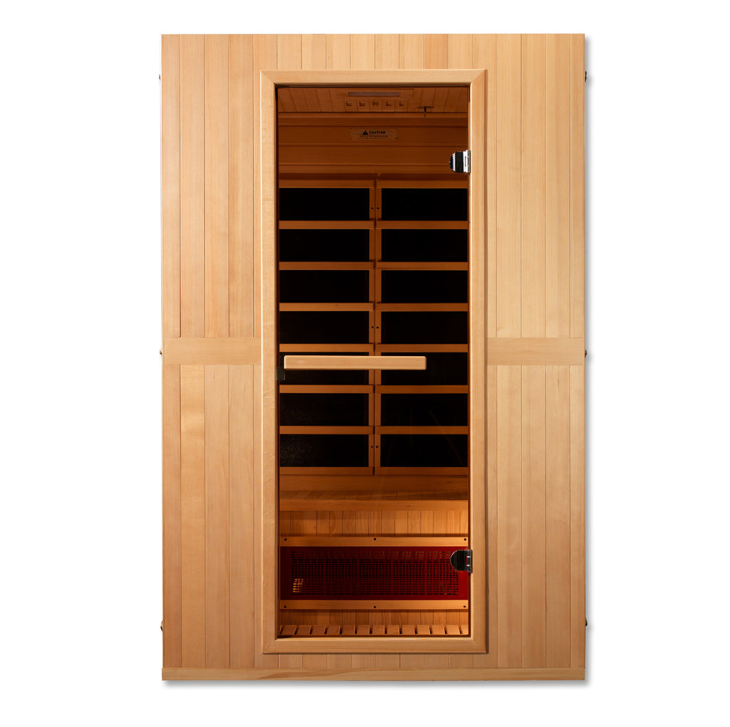 Wooden sauna with glass door on a white background