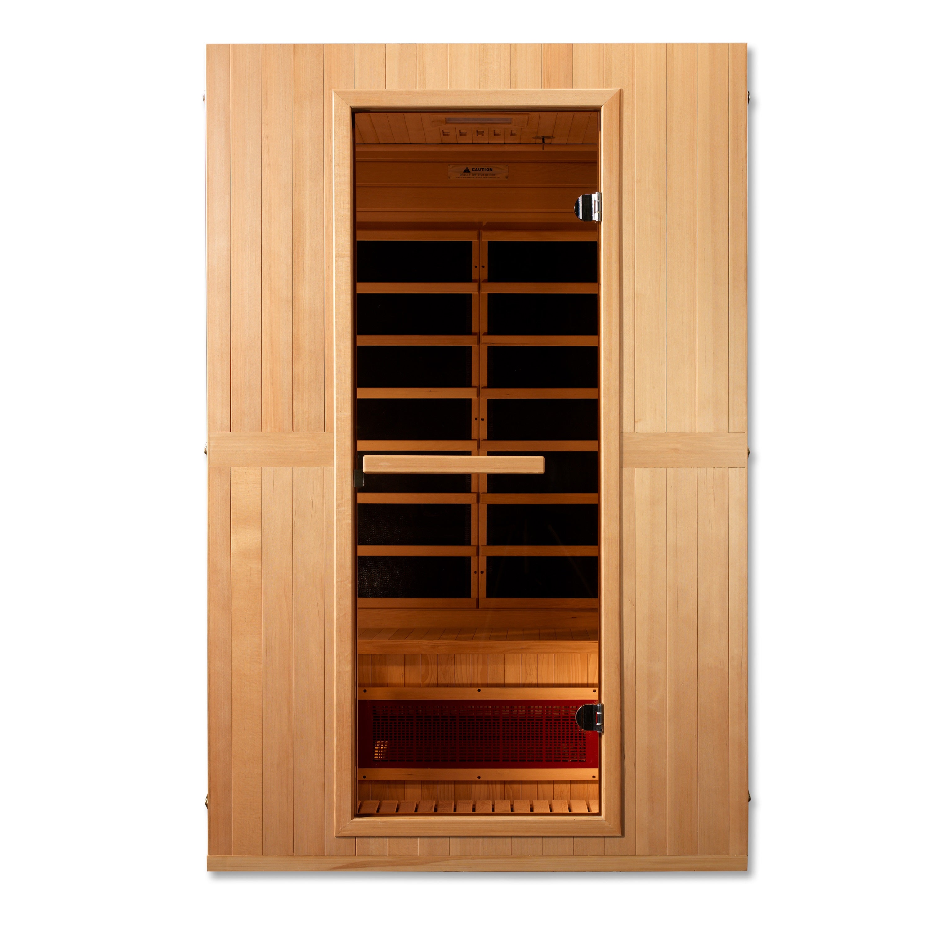 Wooden sauna with glass door on a white background