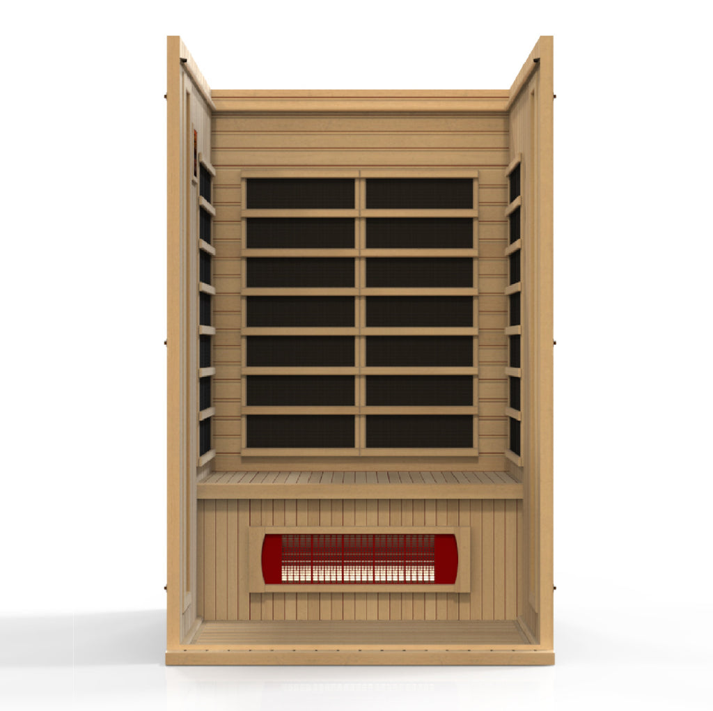 Wooden sauna with a red heating element on a white background
