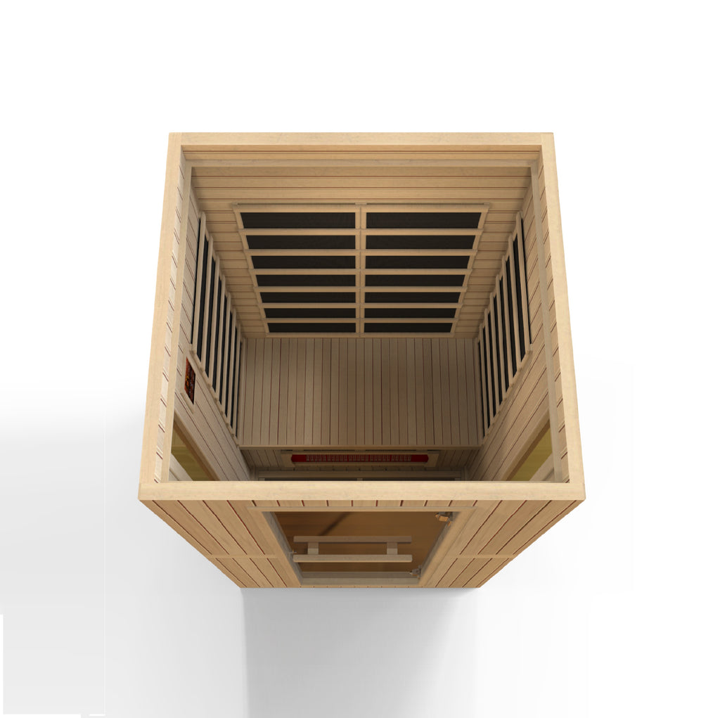 Wooden sauna with slatted design on a white background