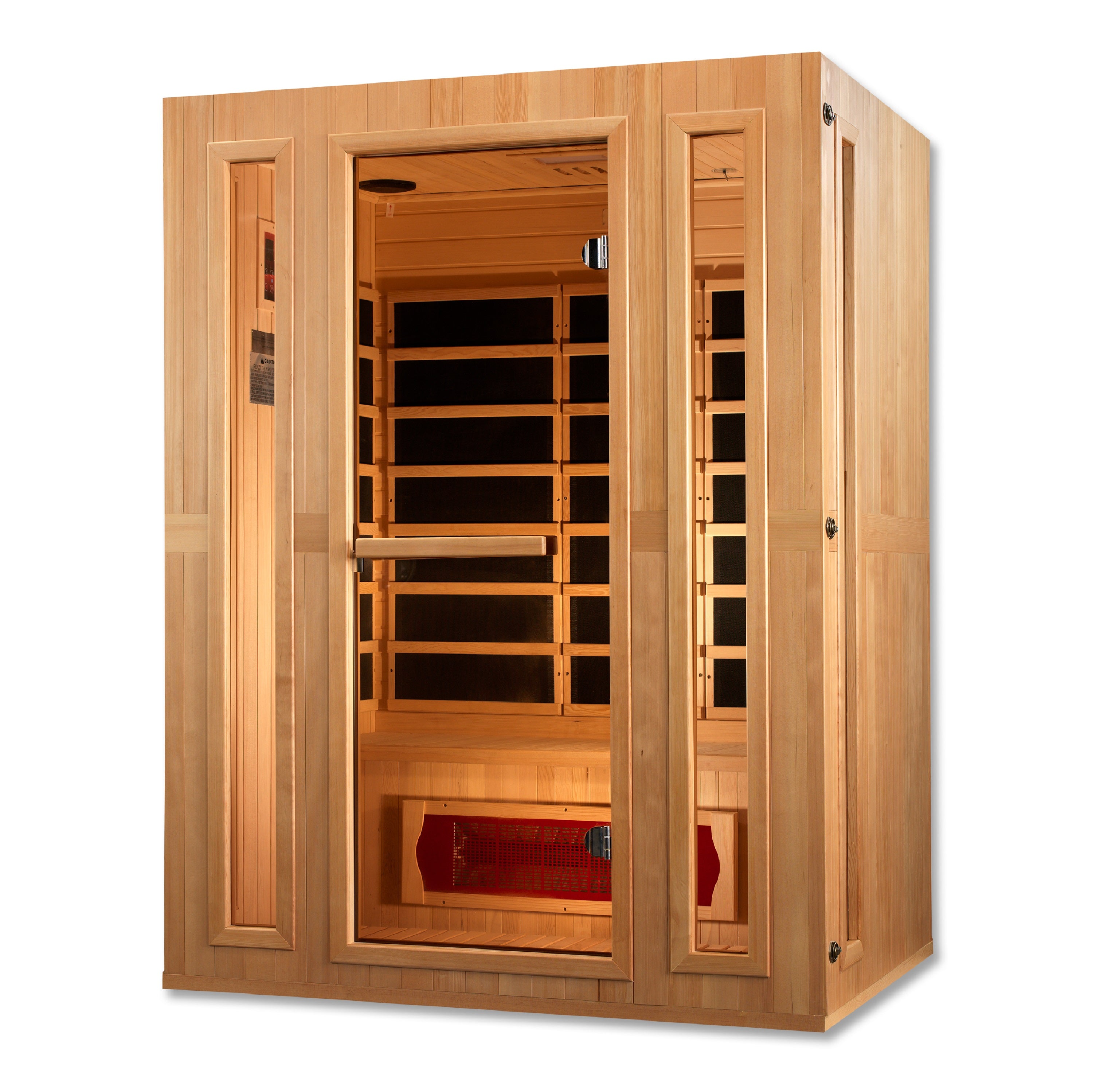 Wooden sauna with glass doors on a white background
