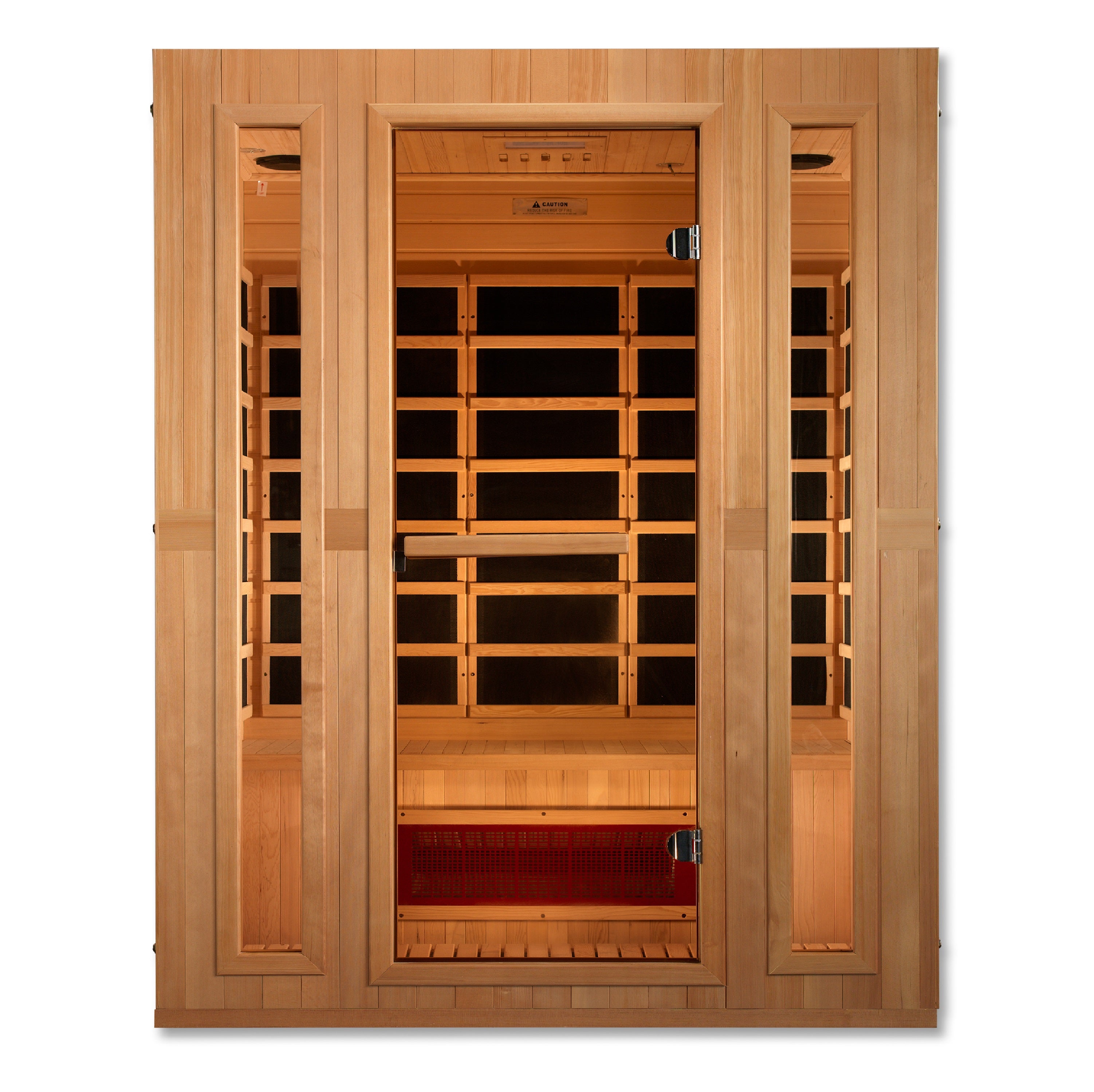 Wooden sauna with glass panels on a white background