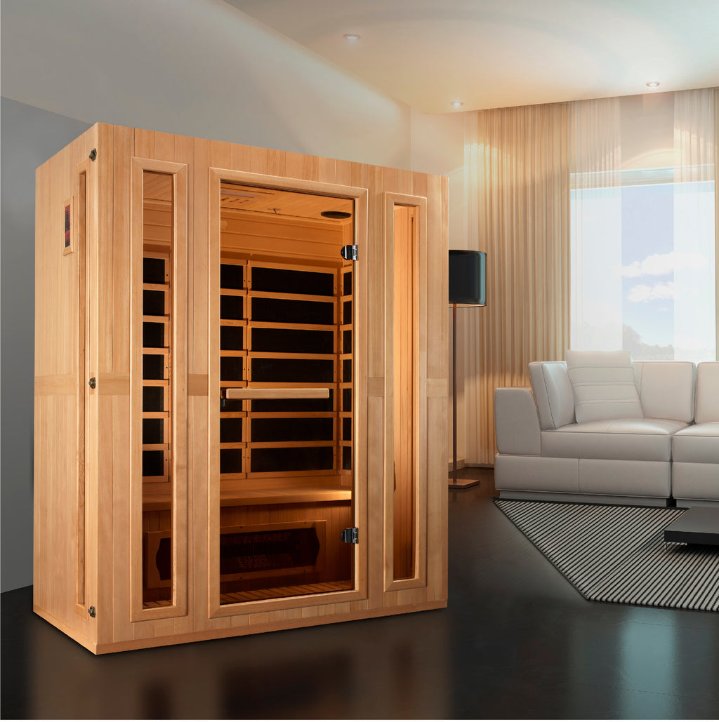 Wooden sauna in a modern living room with a gray sofa and large window.