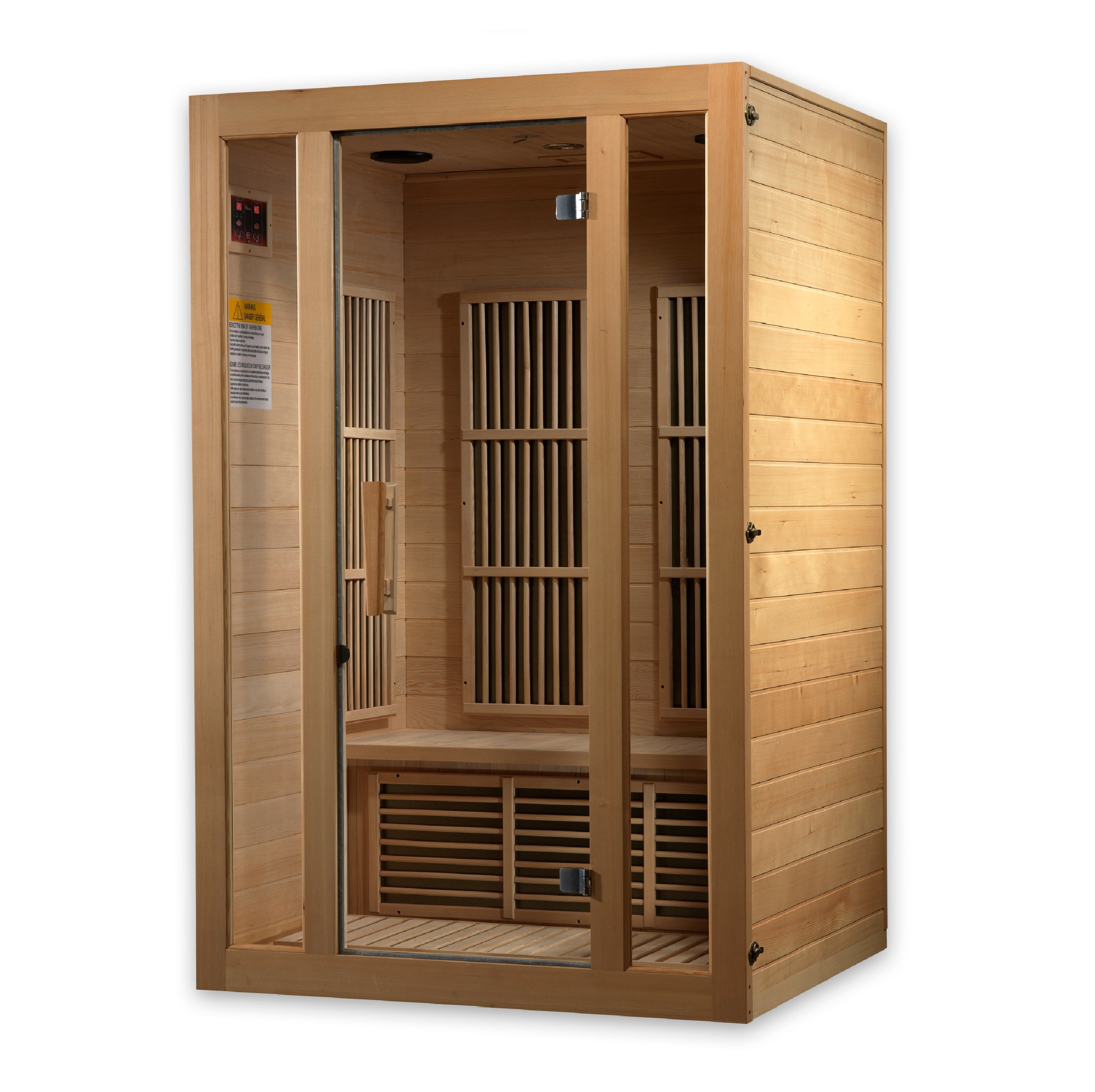 Wooden sauna with interior lattice design on a white background